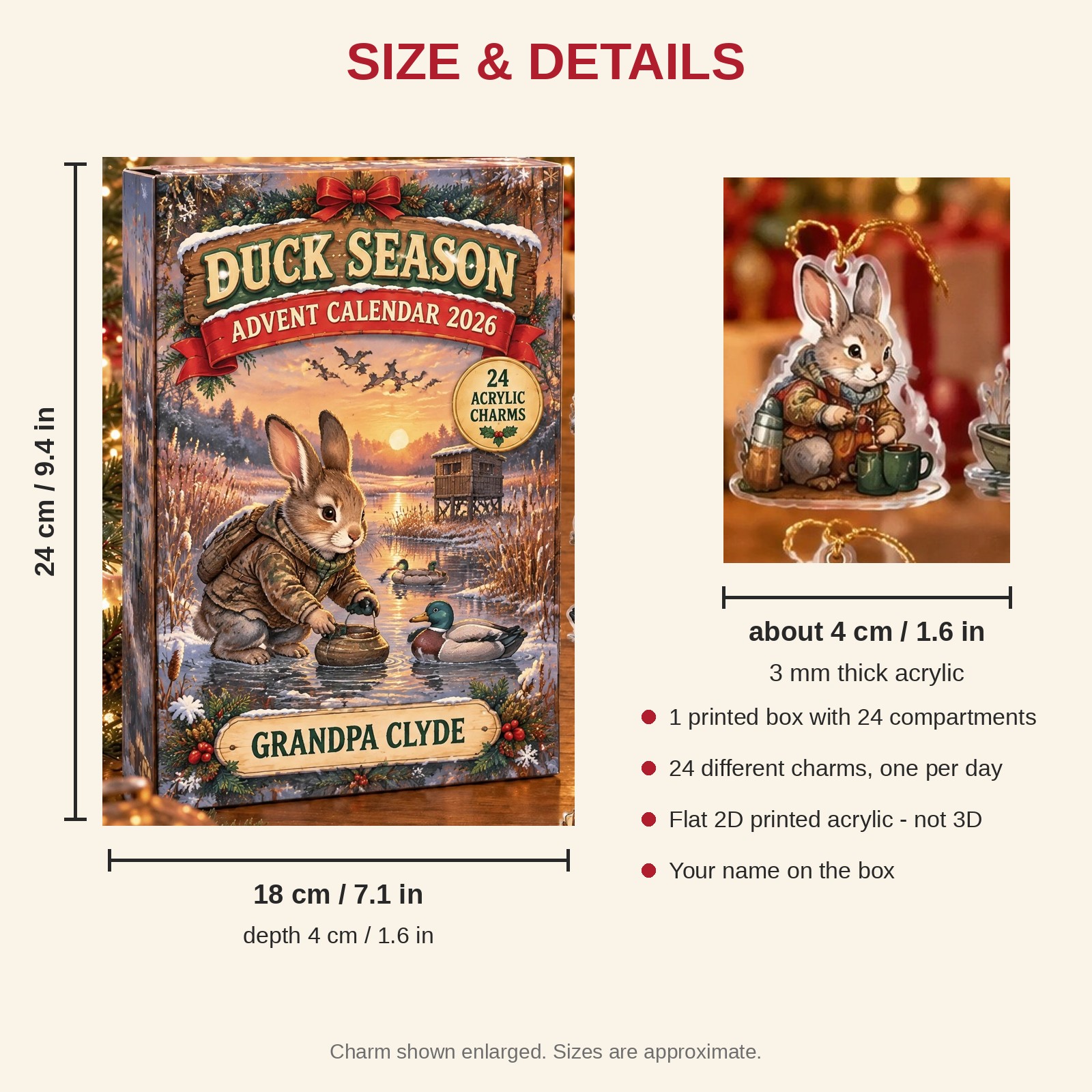 Personalized Duck Hunter Bunny advent calendar box with 24 flat acrylic Christmas charms: box and charm sizes