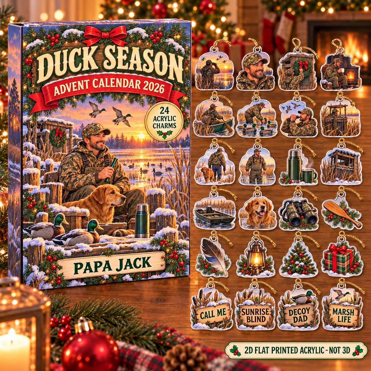 Personalized Duck Hunter Essentials advent calendar box with 24 flat acrylic Christmas charms