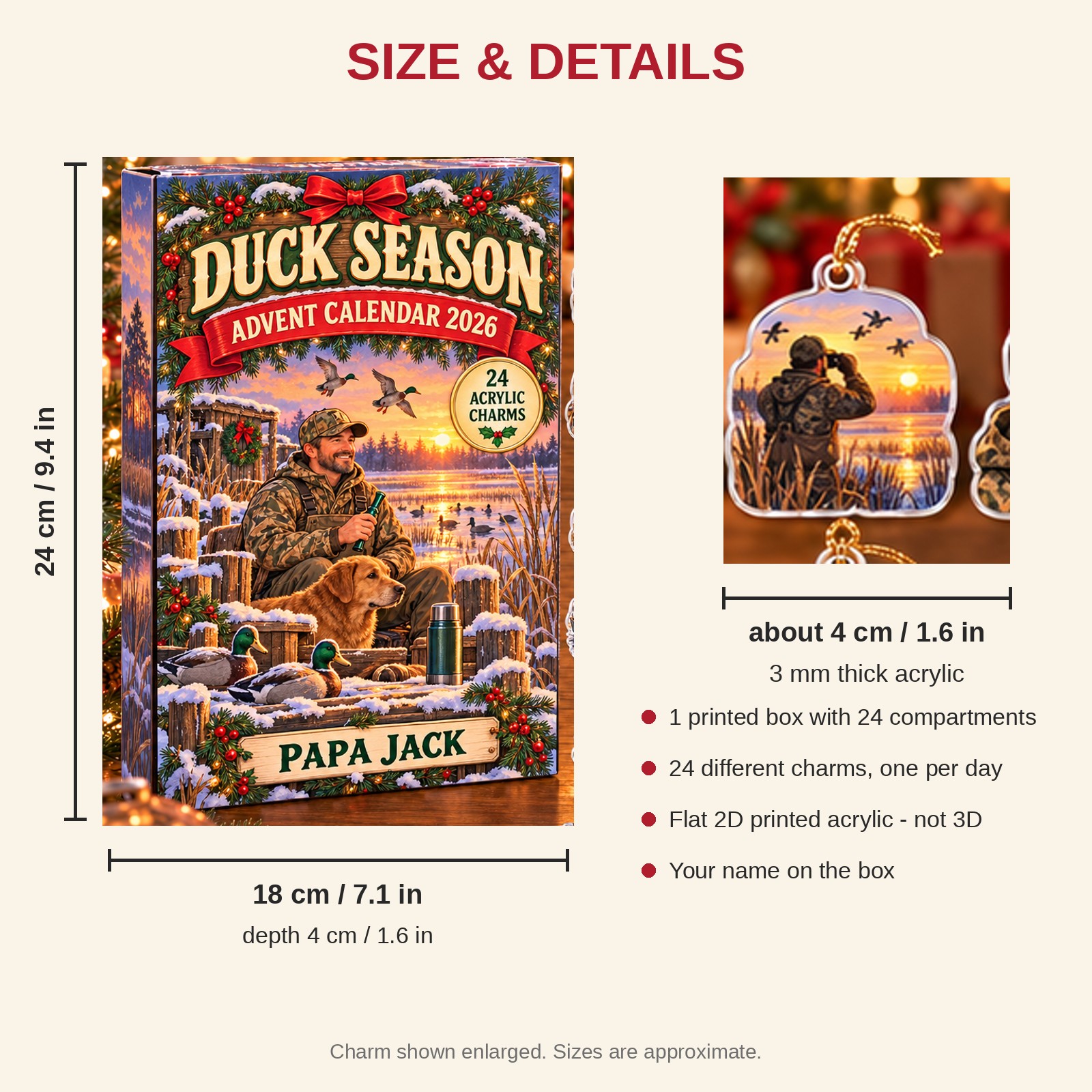 Personalized Duck Hunter Essentials advent calendar box with 24 flat acrylic Christmas charms: box and charm sizes