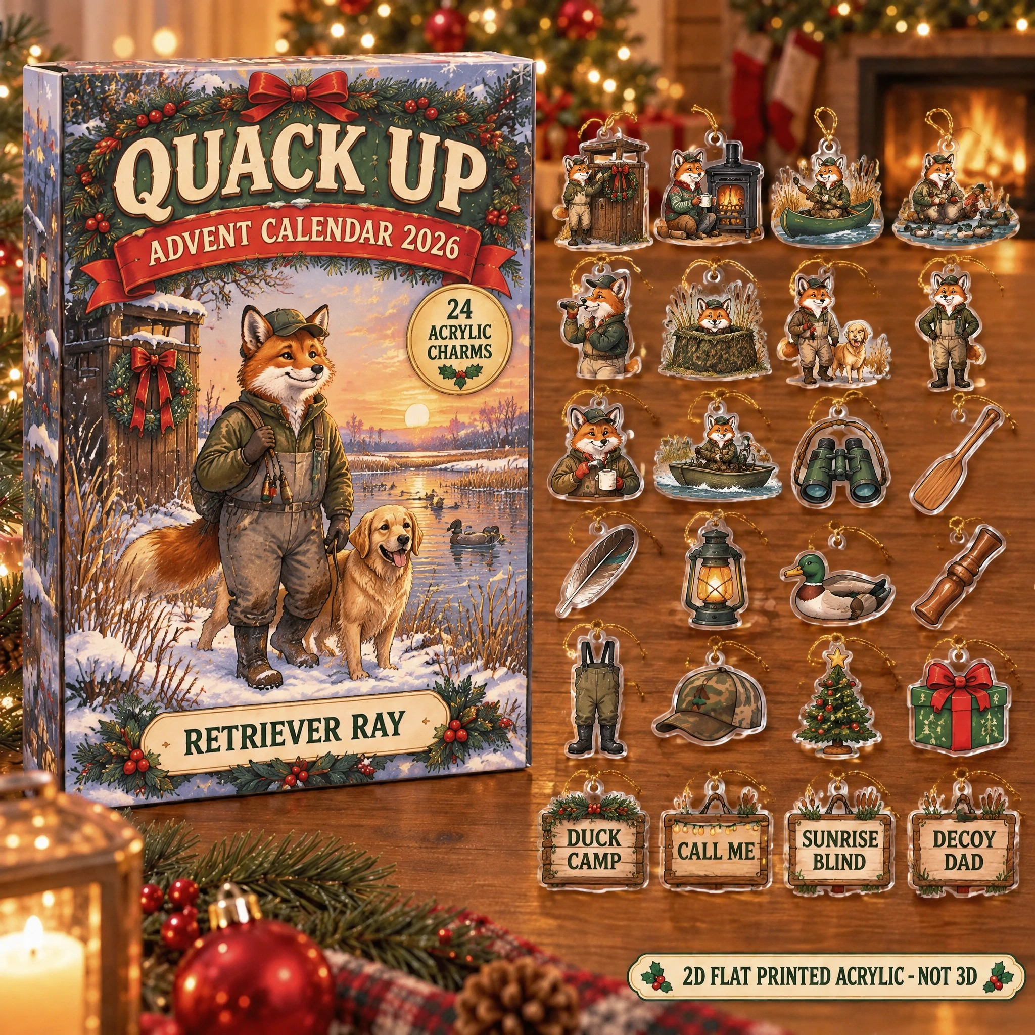 Personalized Duck Hunter Fox advent calendar box with 24 flat acrylic Christmas charms