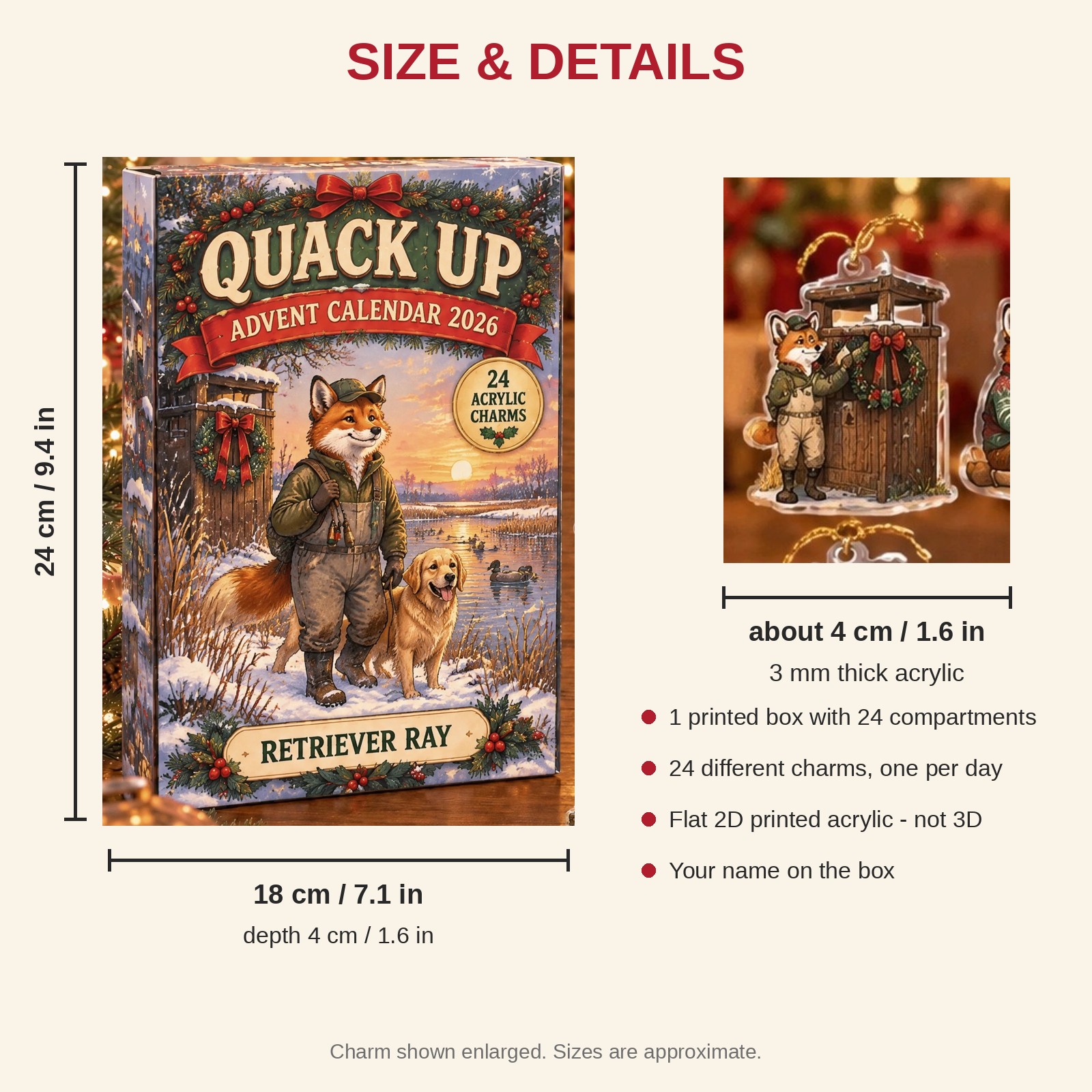 Personalized Duck Hunter Fox advent calendar box with 24 flat acrylic Christmas charms: box and charm sizes