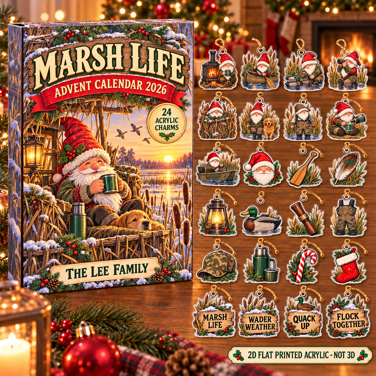 Personalized Duck Hunter Gnome advent calendar box with 24 flat acrylic Christmas charms