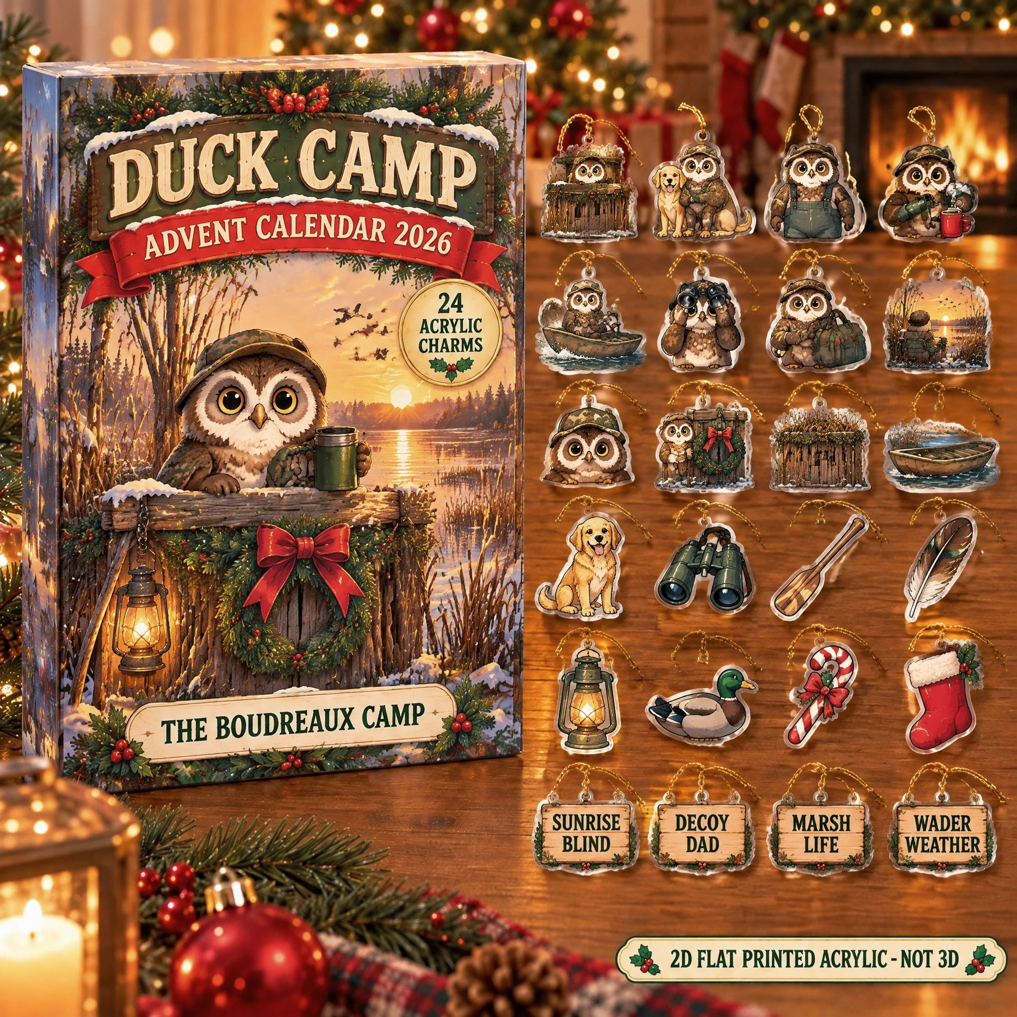 Personalized Duck Hunter Owl advent calendar box with 24 flat acrylic Christmas charms