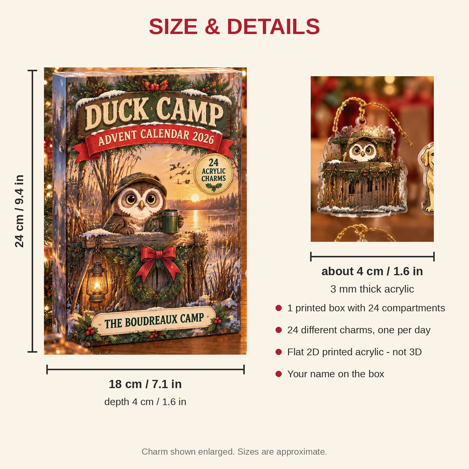 Personalized Duck Hunter Owl advent calendar box with 24 flat acrylic Christmas charms: box and charm sizes