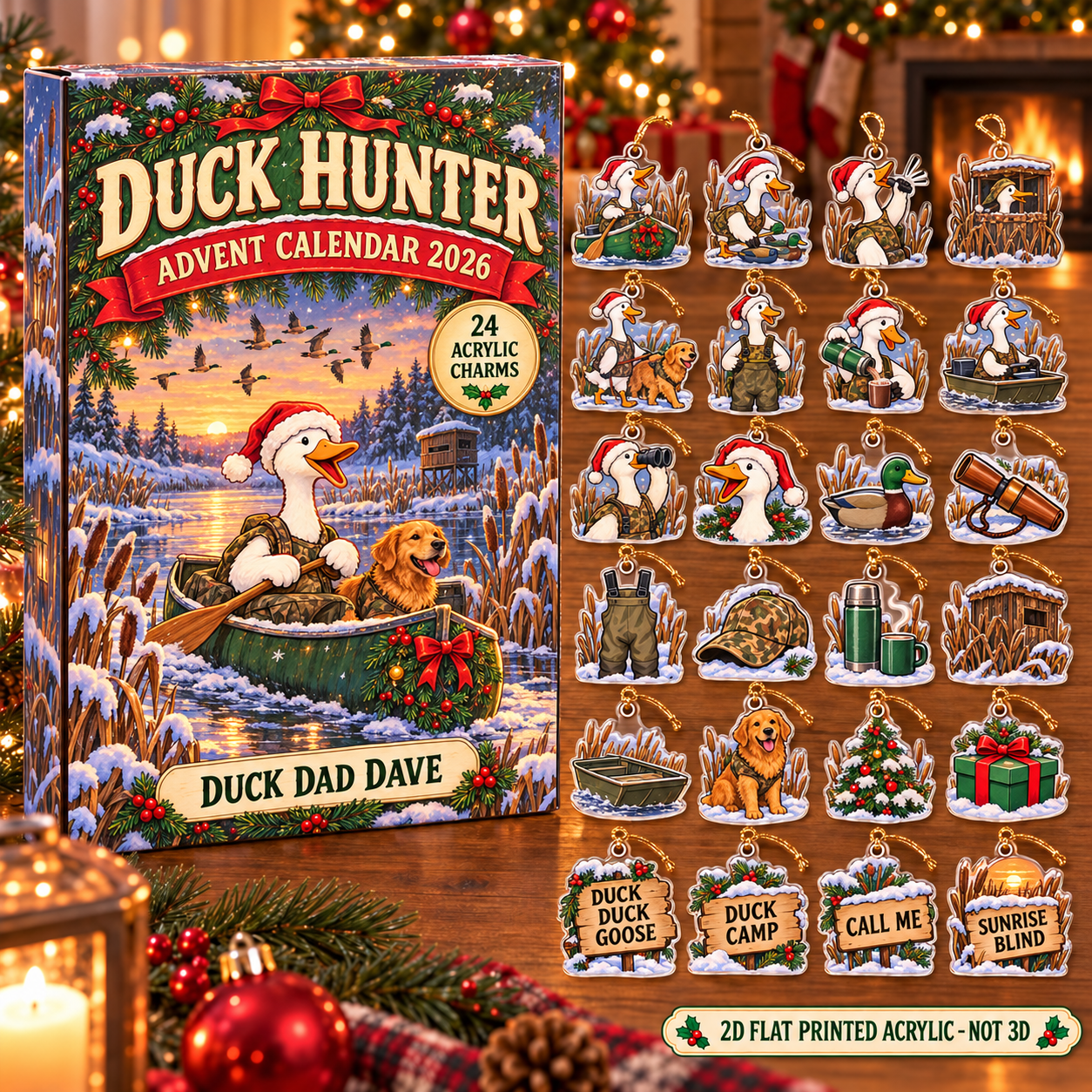 Personalized Duck Hunter Silly Goose advent calendar box with 24 flat acrylic Christmas charms