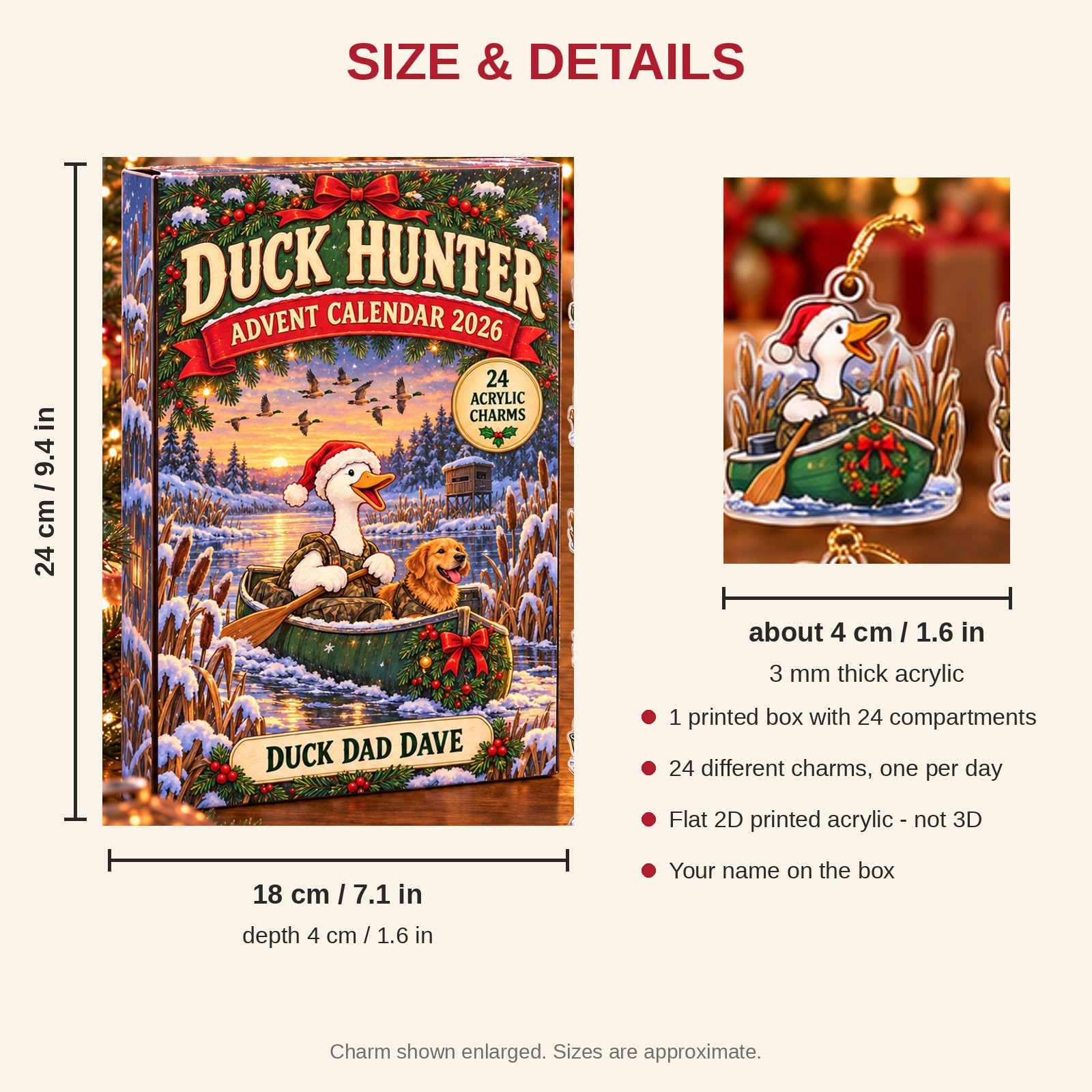 Personalized Duck Hunter Silly Goose advent calendar box with 24 flat acrylic Christmas charms: box and charm sizes