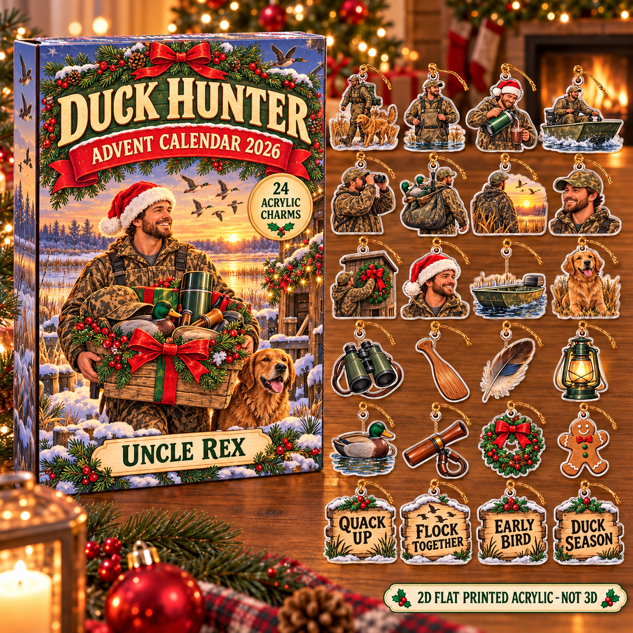 Personalized Duck Hunter Survival Kit advent calendar box with 24 flat acrylic Christmas charms