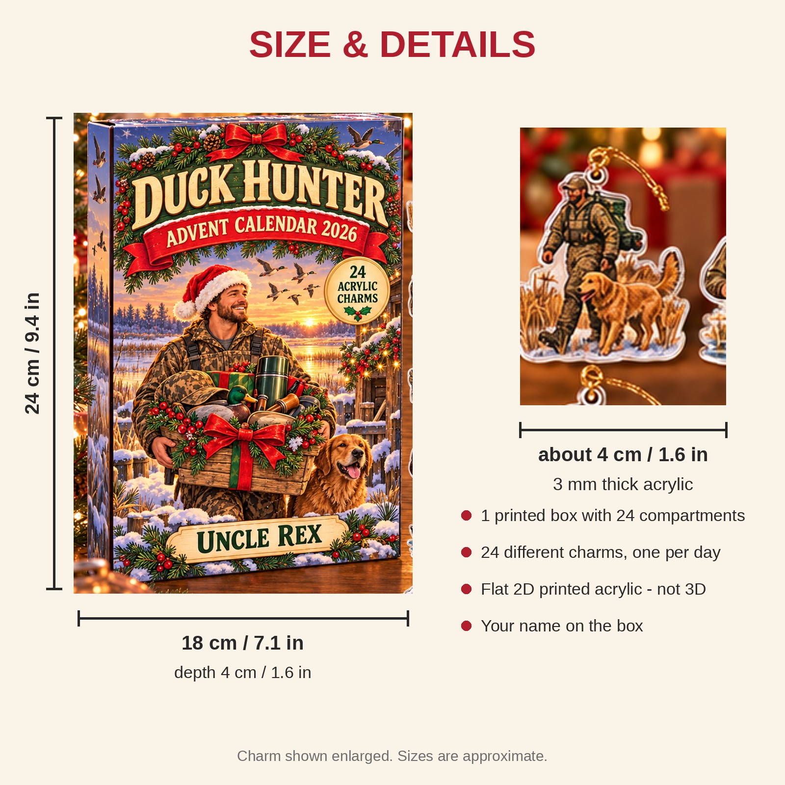 Personalized Duck Hunter Survival Kit advent calendar box with 24 flat acrylic Christmas charms: box and charm sizes