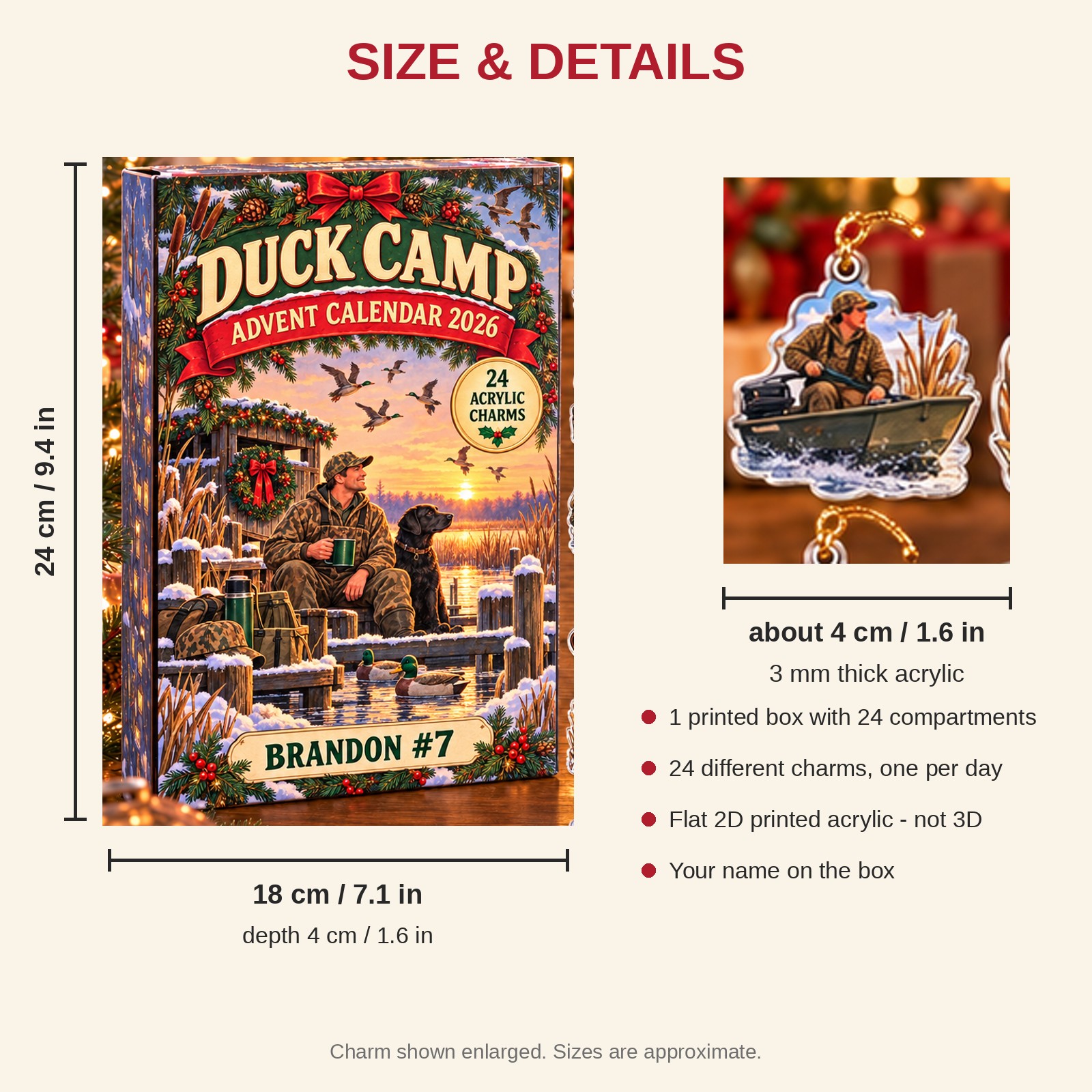 Personalized Duck Hunter Vintage Retro advent calendar box with 24 flat acrylic Christmas charms: box and charm sizes
