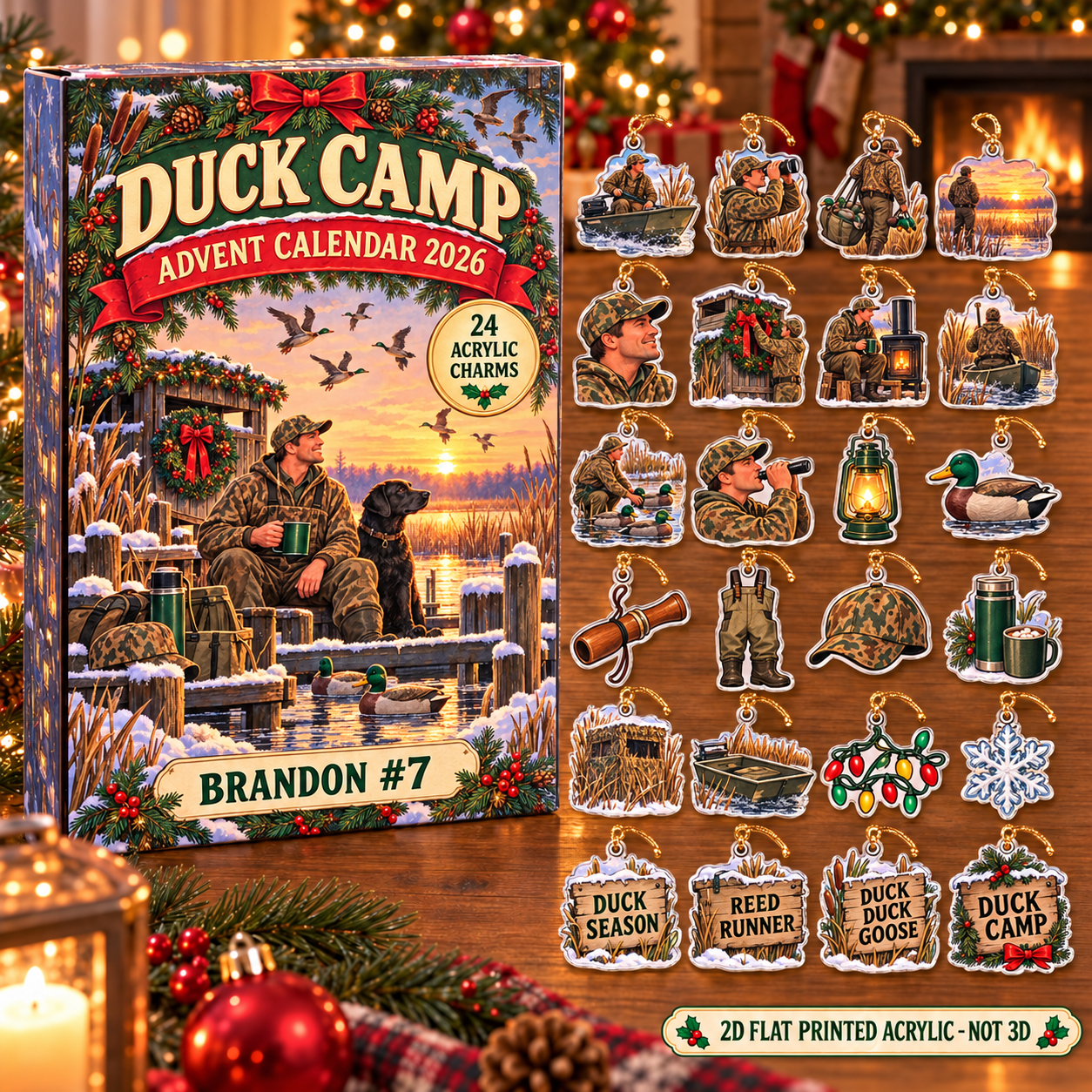 Personalized Duck Hunter Vintage Retro advent calendar box with 24 flat acrylic Christmas charms