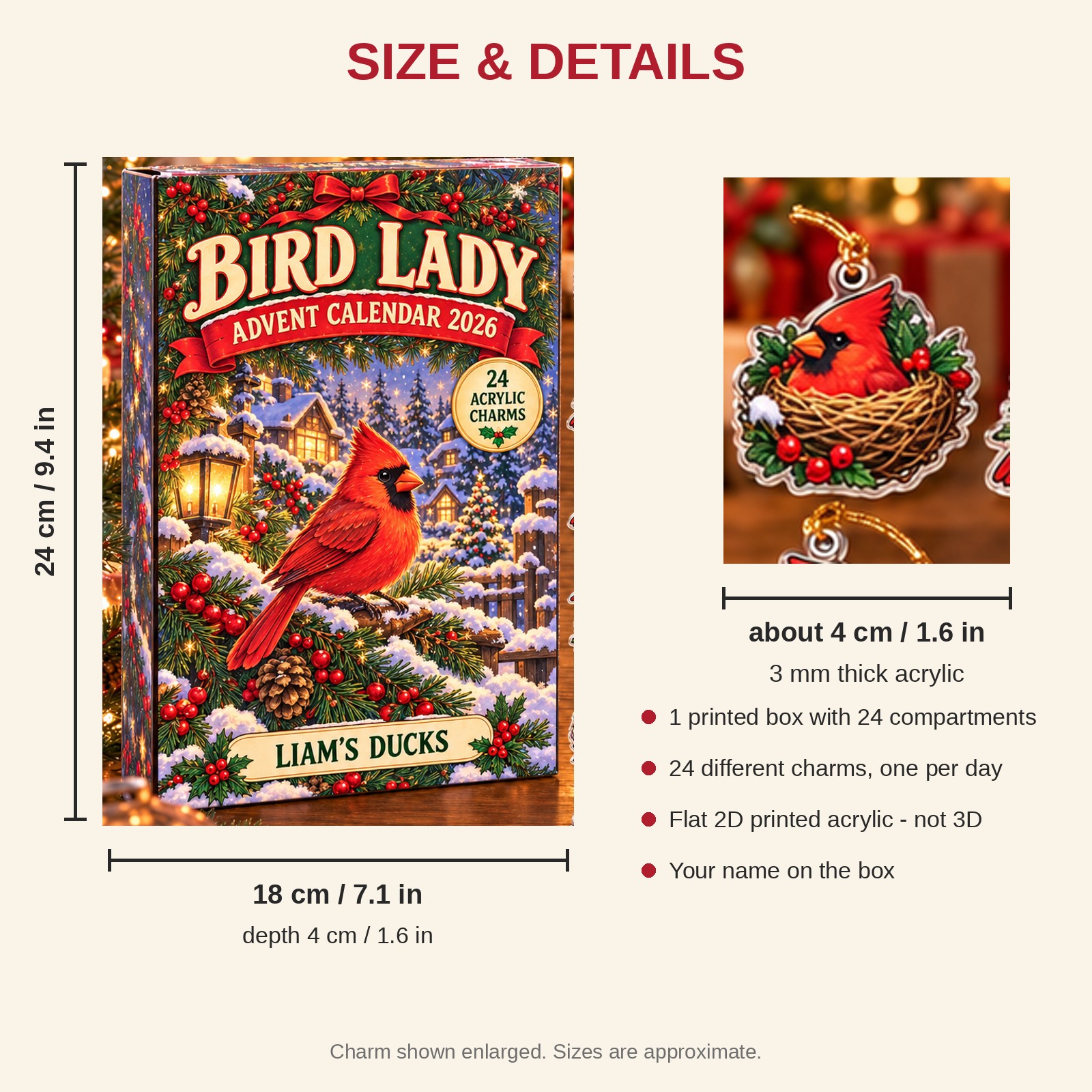 Personalized Cardinal Bird Lover advent calendar box with 24 flat acrylic Christmas charms: box and charm sizes
