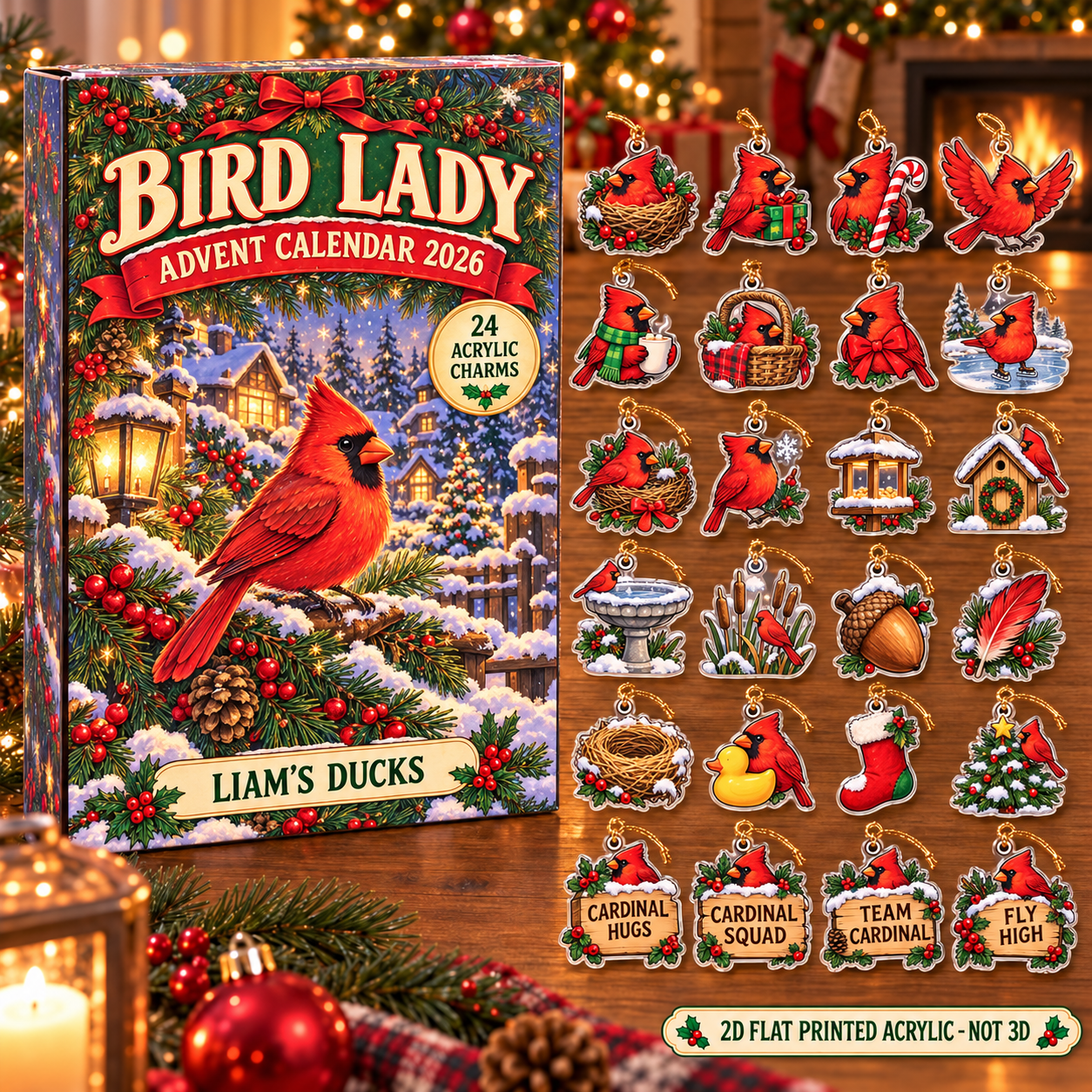 Personalized Cardinal Bird Lover advent calendar box with 24 flat acrylic Christmas charms