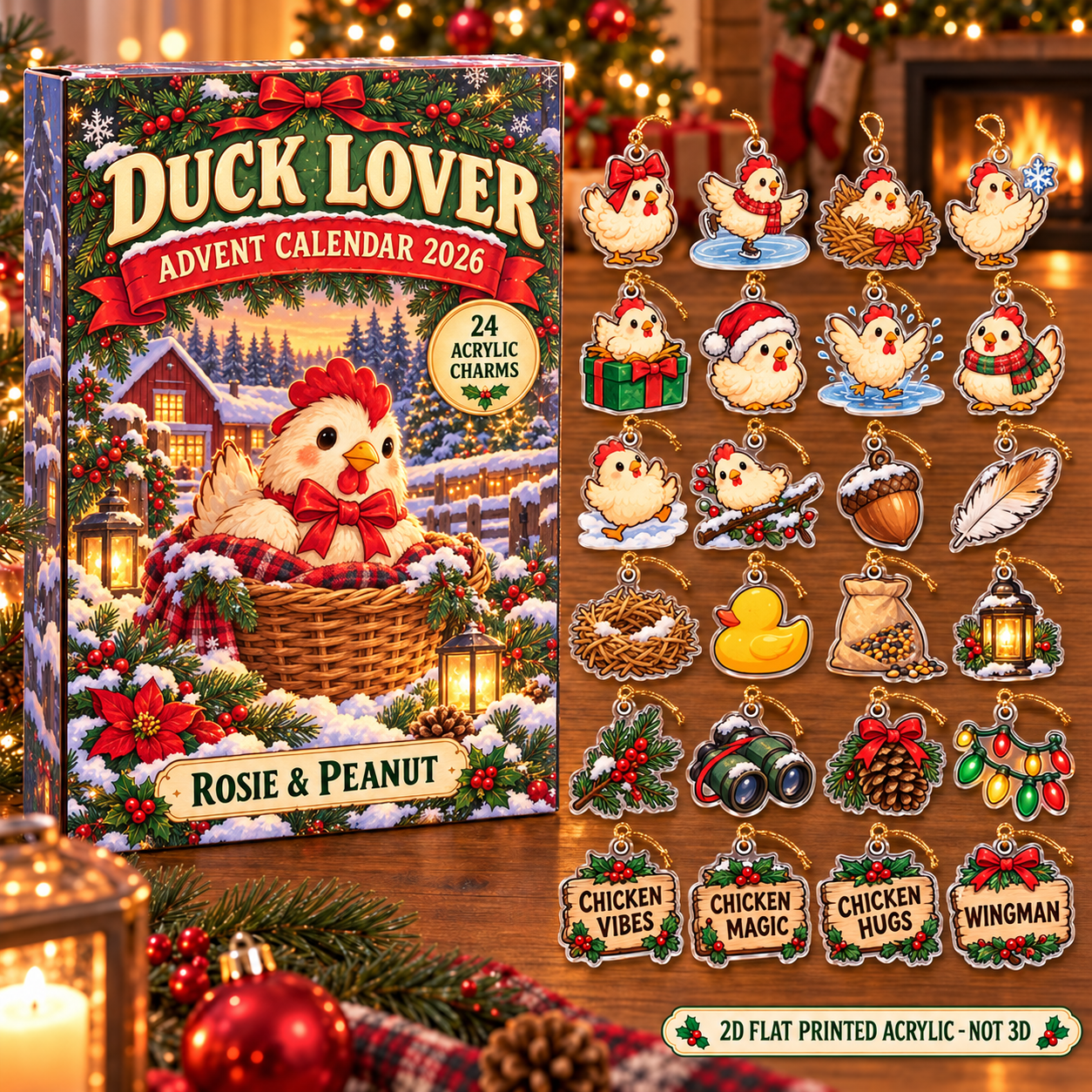 Personalized Chicken Lover advent calendar box with 24 flat acrylic Christmas charms
