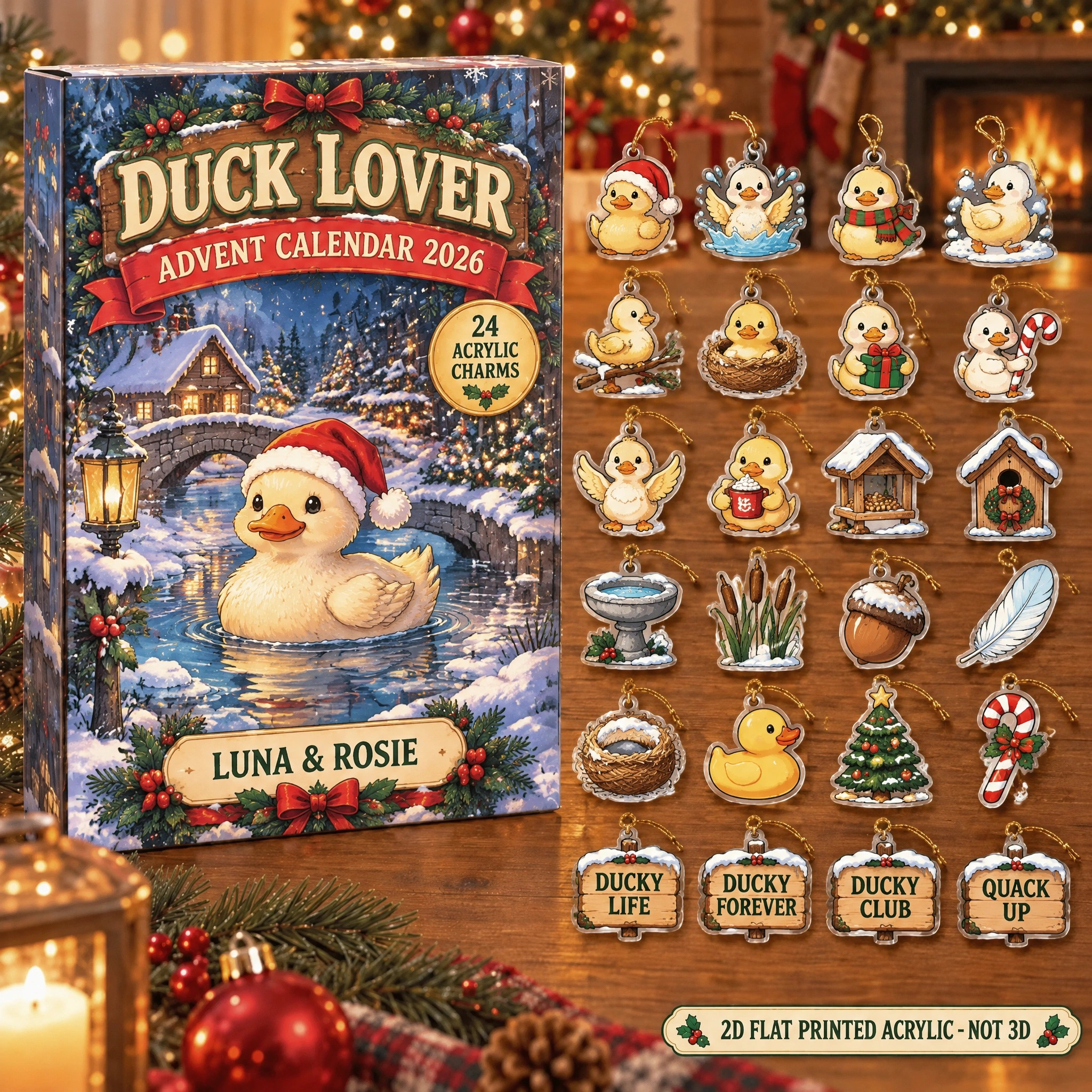 Personalized Duck Lover advent calendar box with 24 flat acrylic Christmas charms