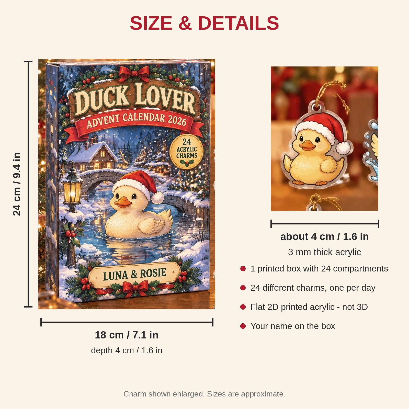Personalized Duck Lover advent calendar box with 24 flat acrylic Christmas charms: box and charm sizes