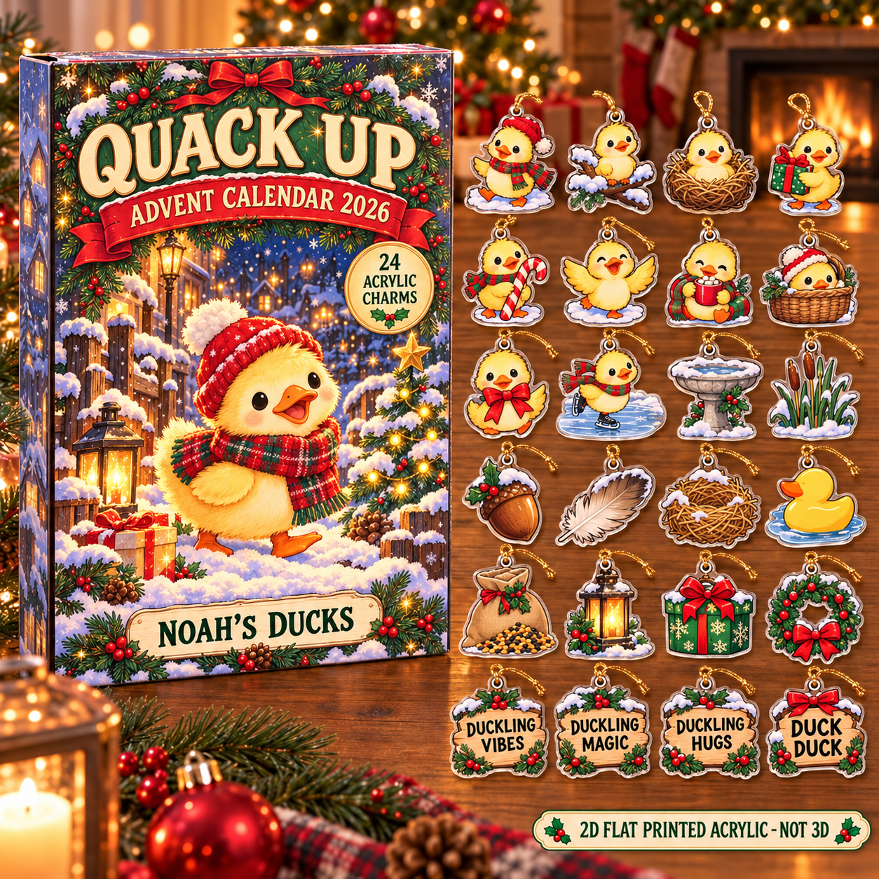 Personalized Duckling Lover advent calendar box with 24 flat acrylic Christmas charms