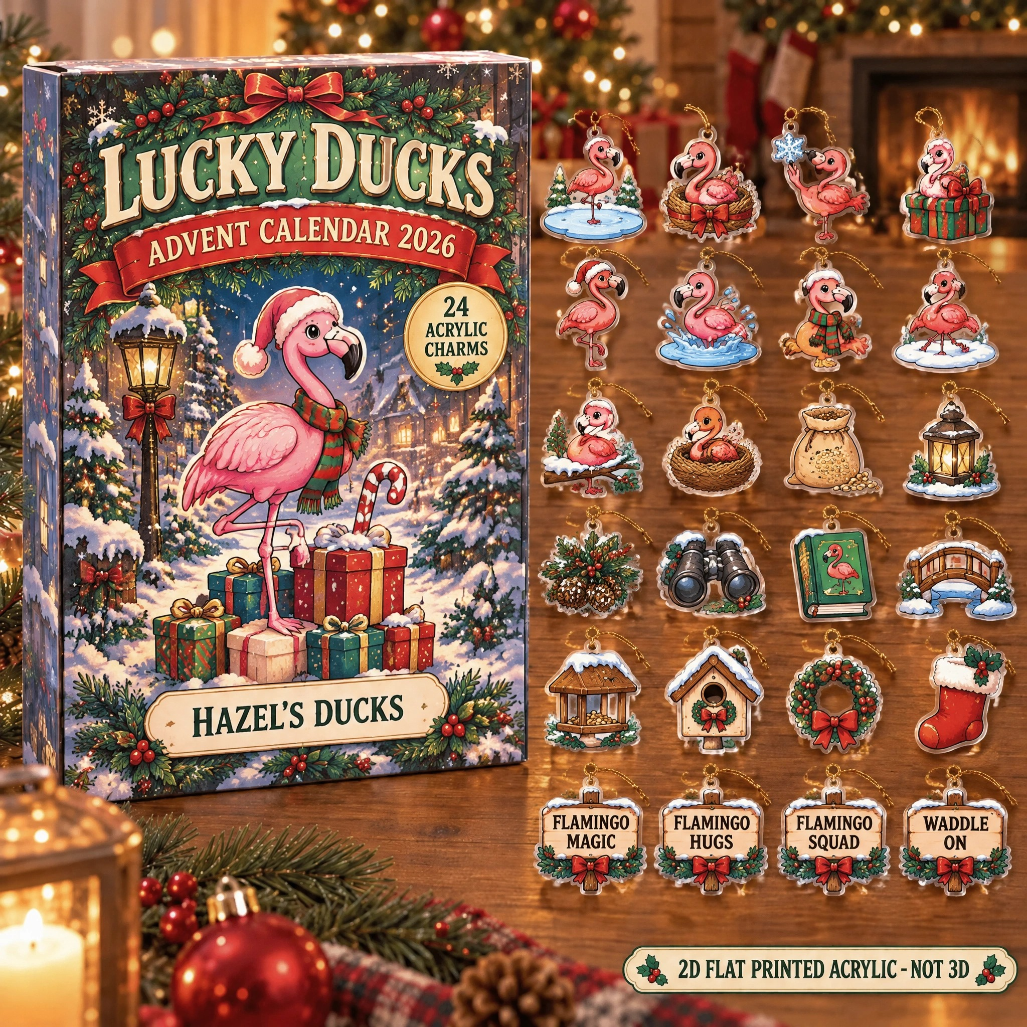 Personalized Flamingo Lover advent calendar box with 24 flat acrylic Christmas charms