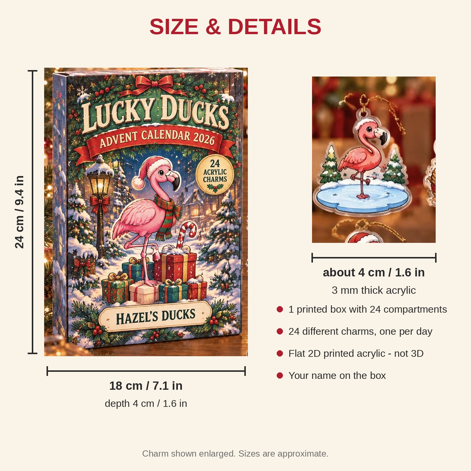 Personalized Flamingo Lover advent calendar box with 24 flat acrylic Christmas charms: box and charm sizes
