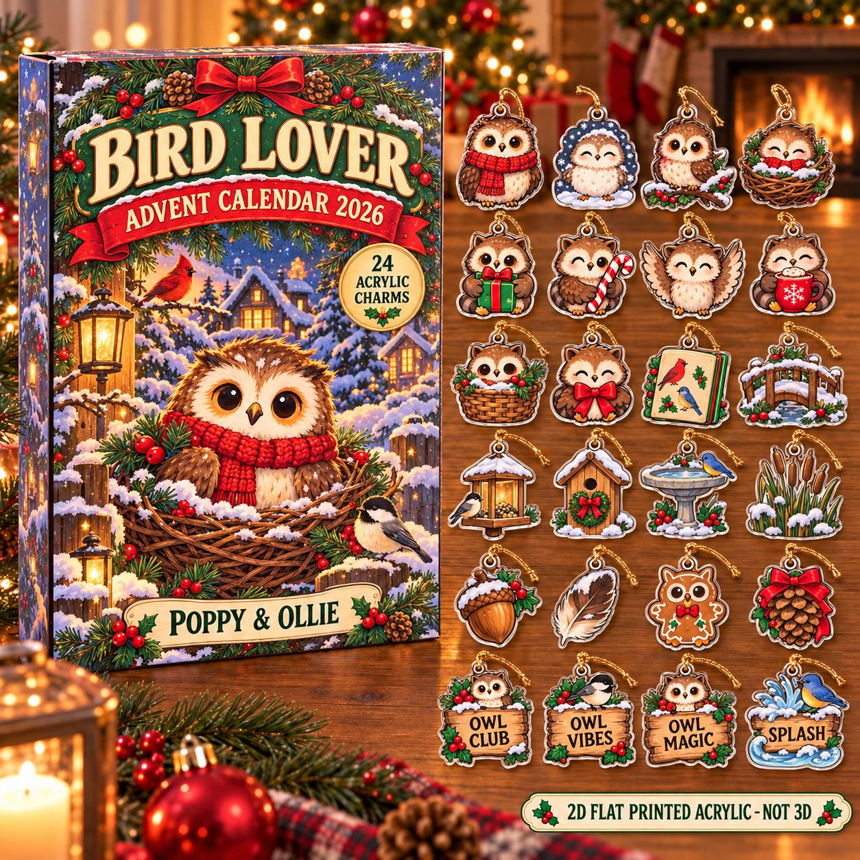 Personalized Owl Lover advent calendar box with 24 flat acrylic Christmas charms