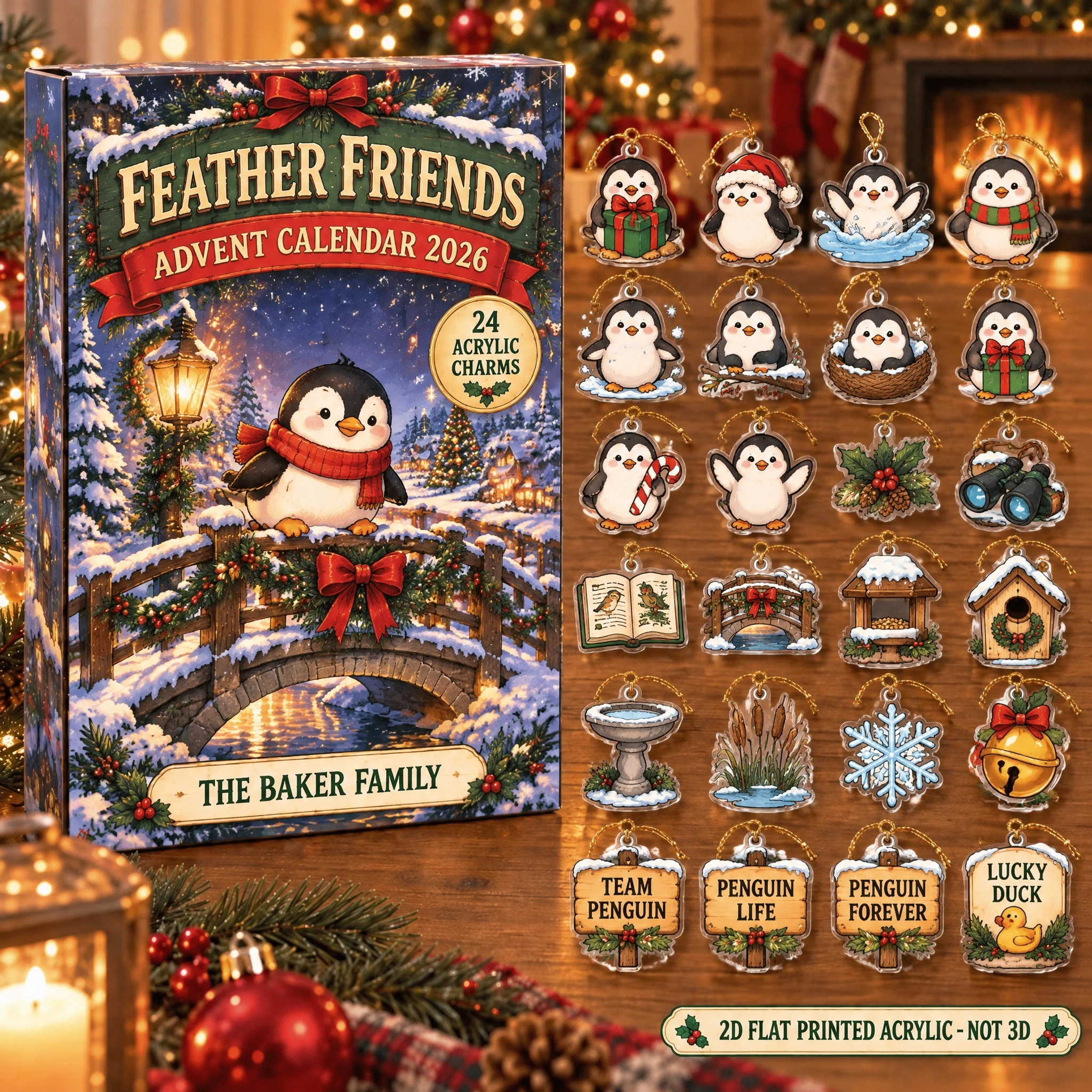 Personalized Penguin Lover advent calendar box with 24 flat acrylic Christmas charms