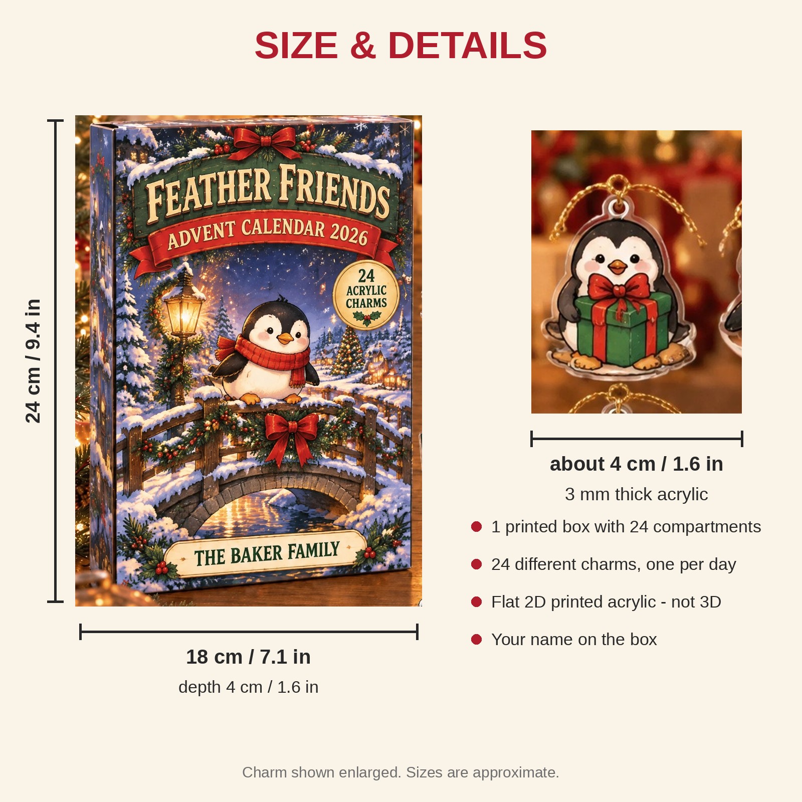 Personalized Penguin Lover advent calendar box with 24 flat acrylic Christmas charms: box and charm sizes