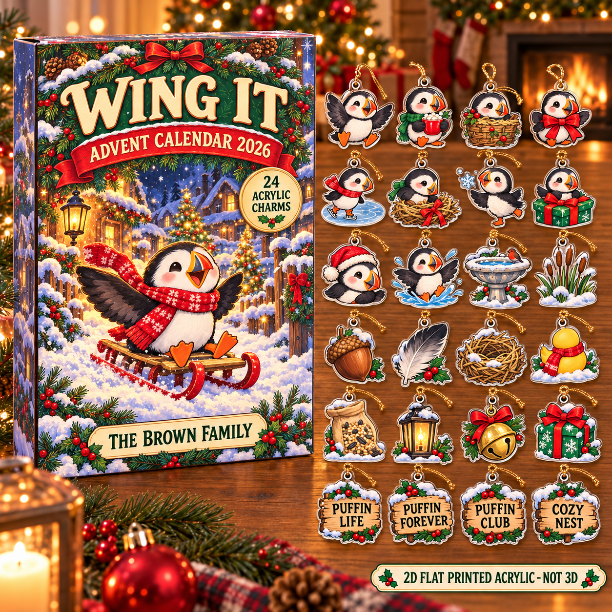 Personalized Puffin Lover advent calendar box with 24 flat acrylic Christmas charms