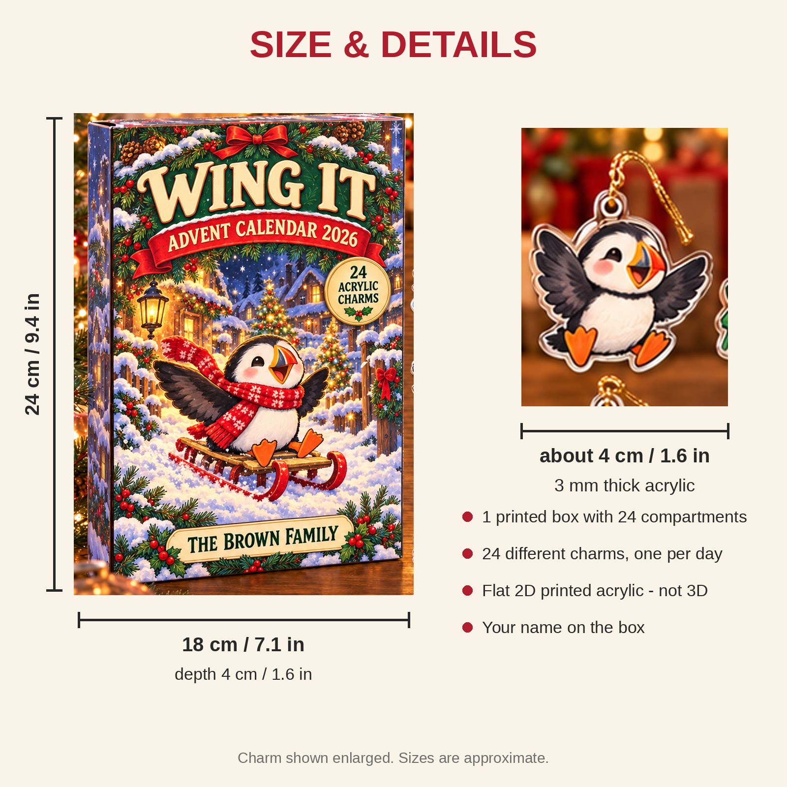 Personalized Puffin Lover advent calendar box with 24 flat acrylic Christmas charms: box and charm sizes