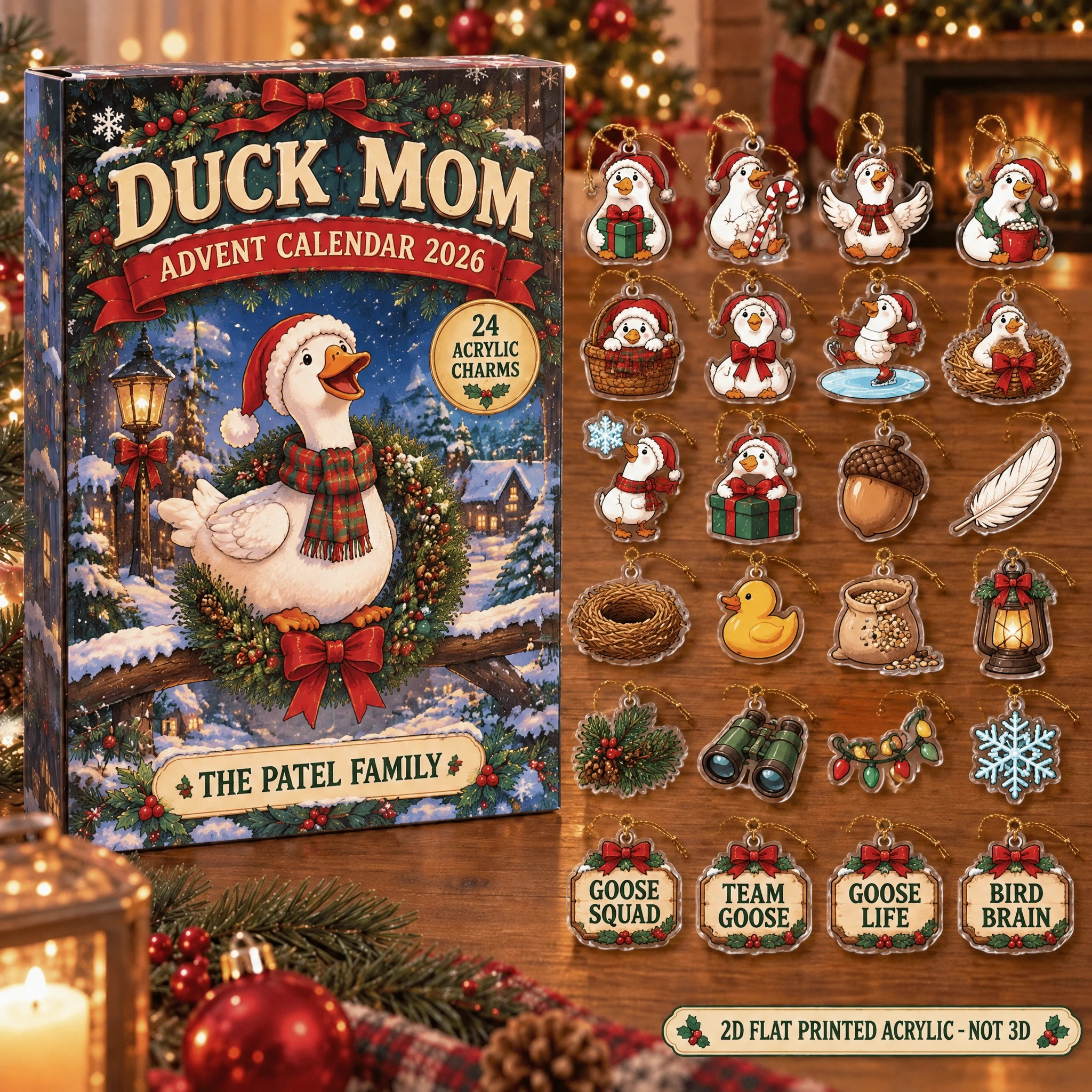 Personalized Silly Goose Lover advent calendar box with 24 flat acrylic Christmas charms