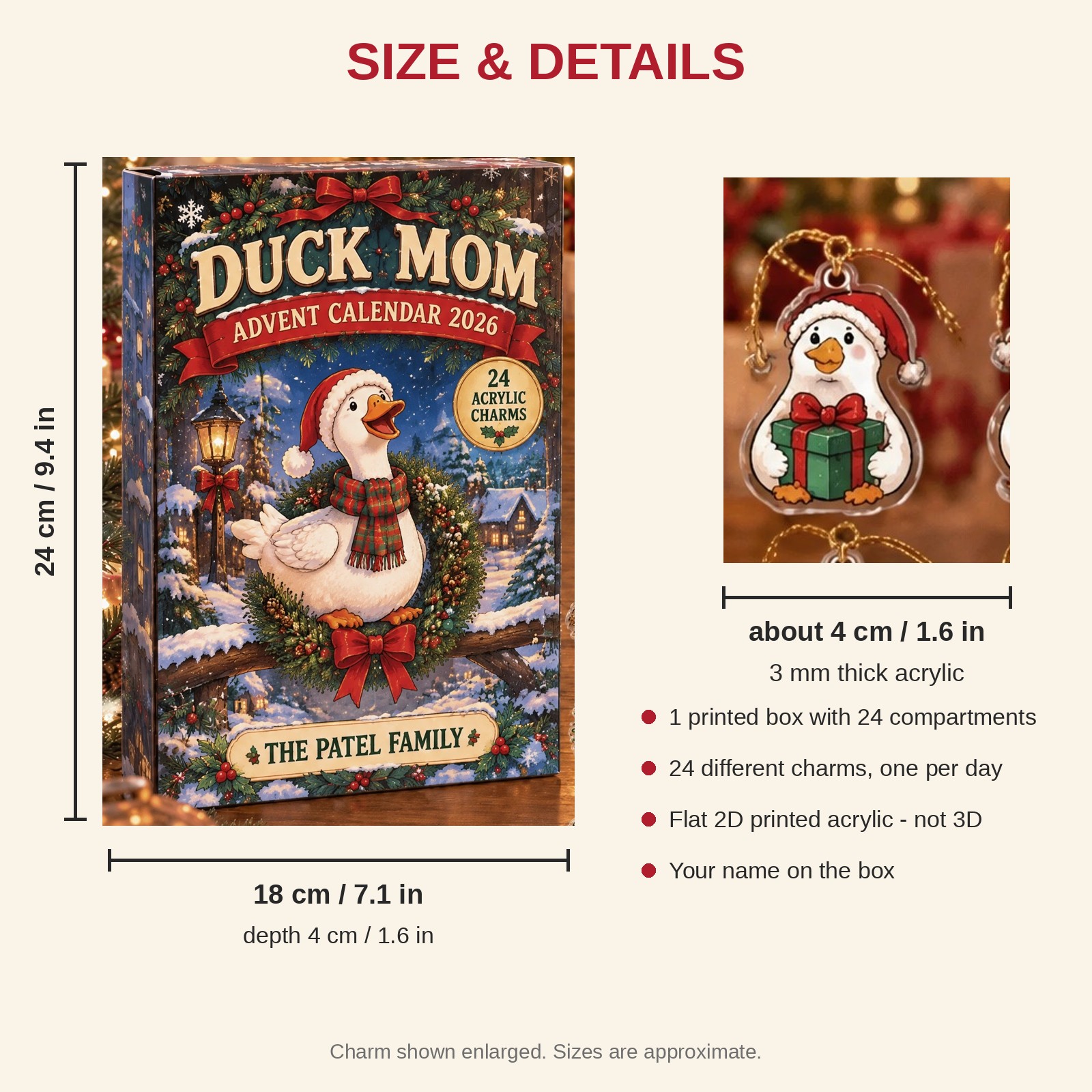 Personalized Silly Goose Lover advent calendar box with 24 flat acrylic Christmas charms: box and charm sizes