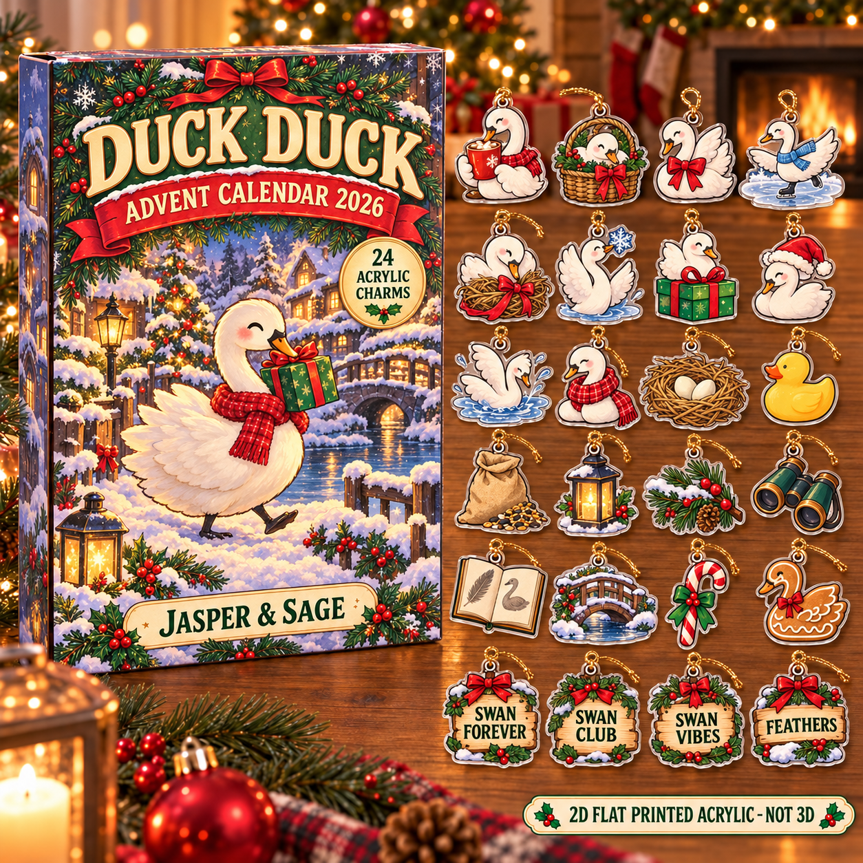 Personalized Swan Lover advent calendar box with 24 flat acrylic Christmas charms