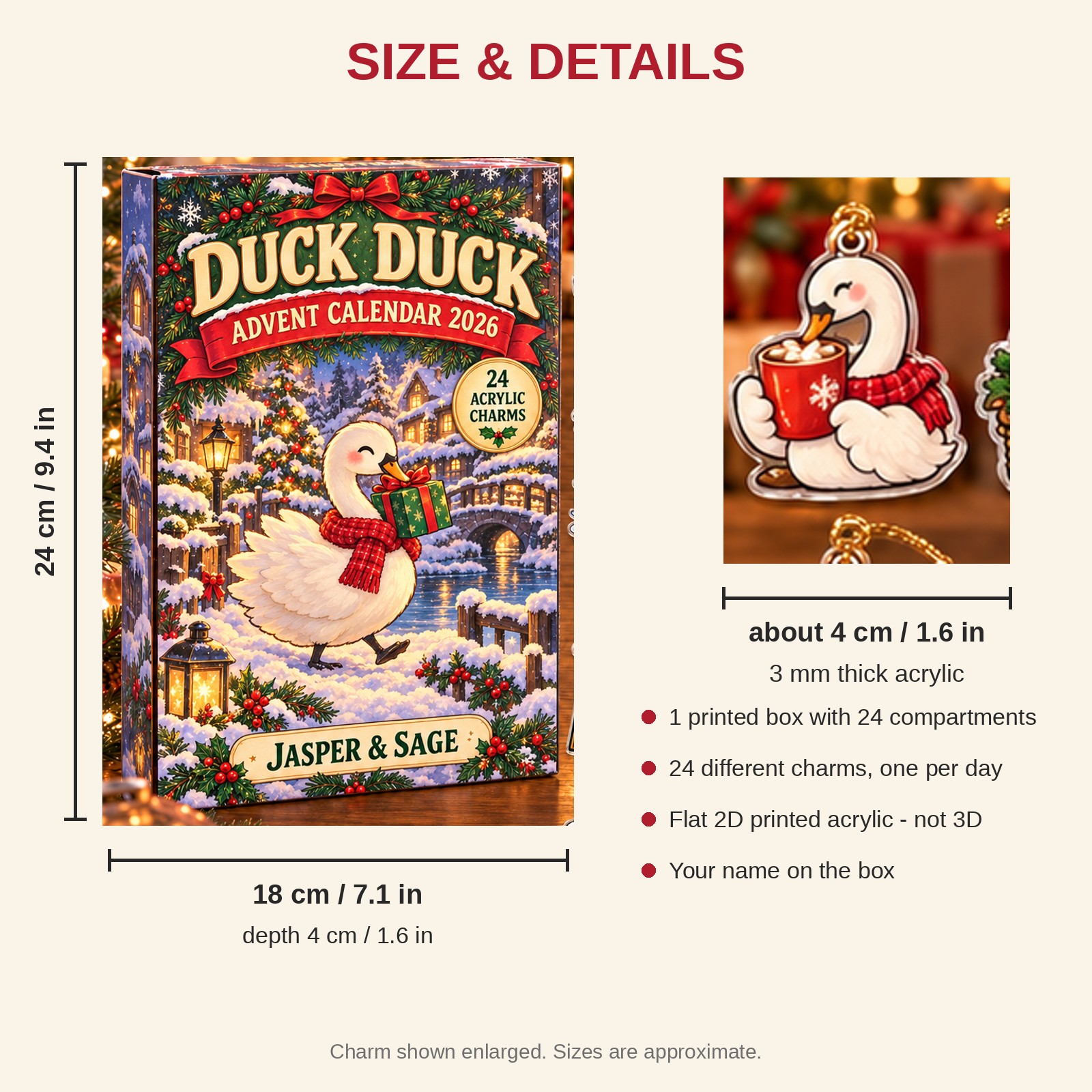 Personalized Swan Lover advent calendar box with 24 flat acrylic Christmas charms: box and charm sizes