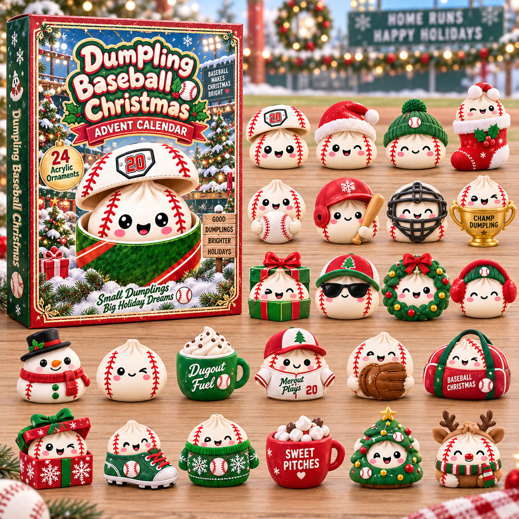 Dumpling Baseball advent calendar box with 24 acrylic Christmas charms