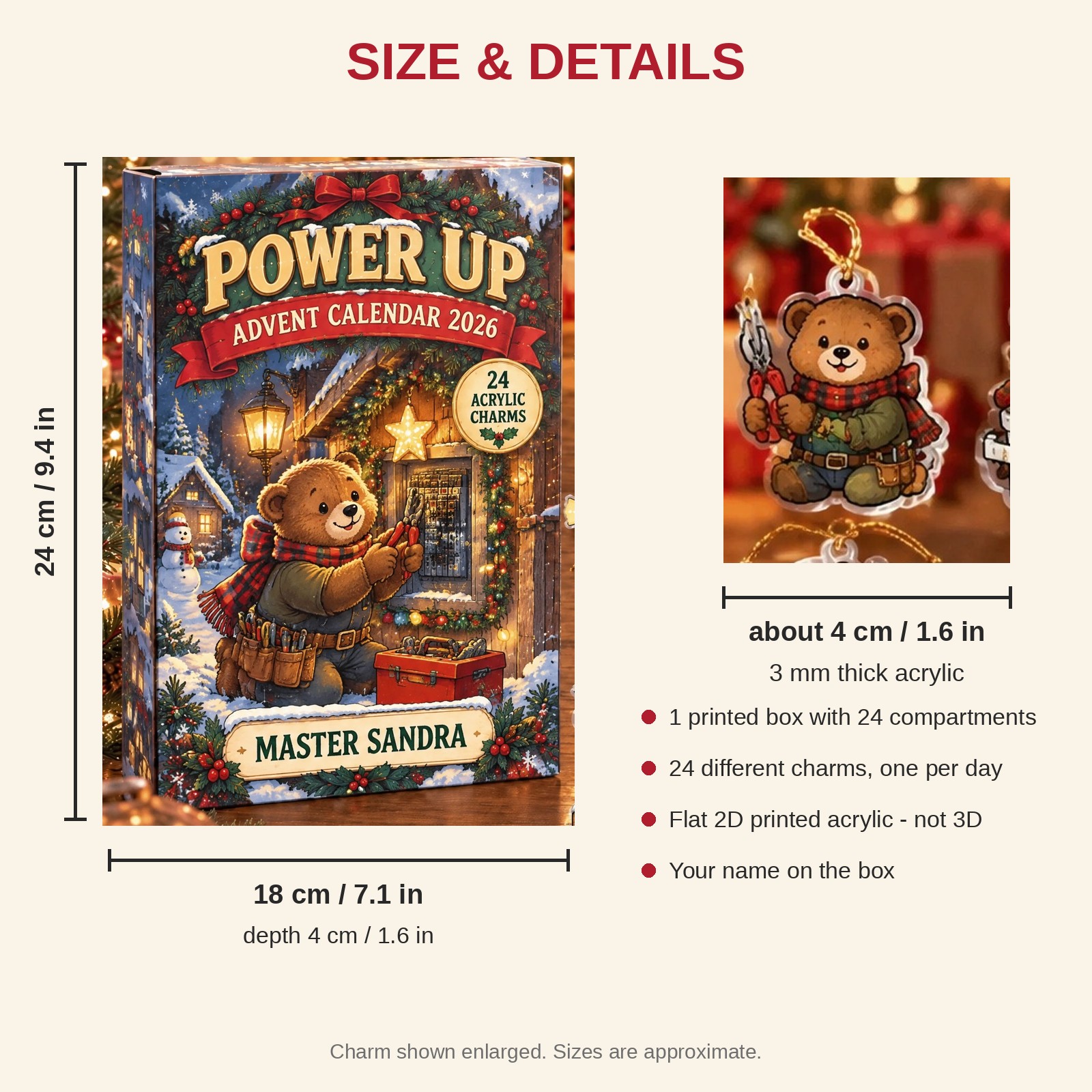 Personalized Electrician Bear advent calendar box with 24 flat acrylic Christmas charms: box and charm sizes