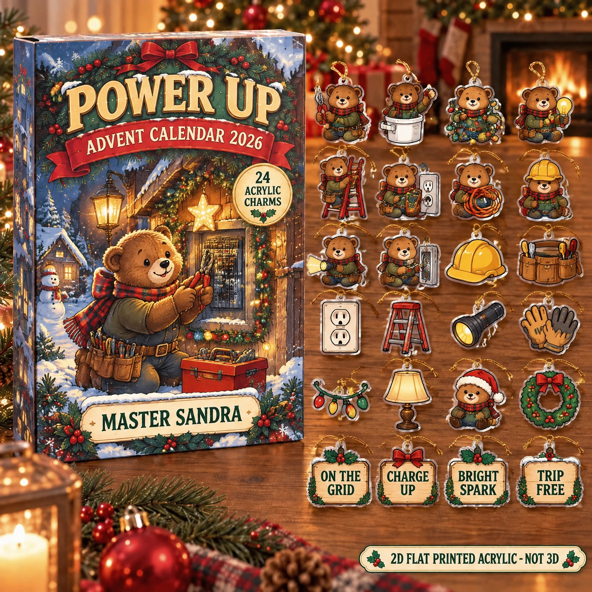 Personalized Electrician Bear advent calendar box with 24 flat acrylic Christmas charms