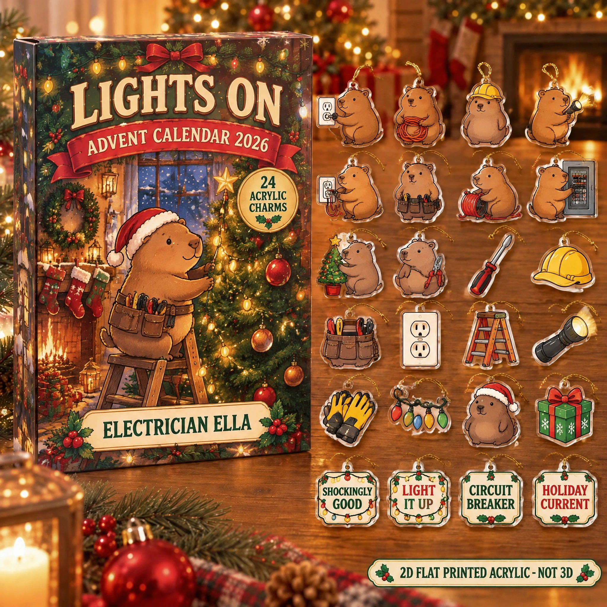 Personalized Electrician Capybara advent calendar box with 24 flat acrylic Christmas charms