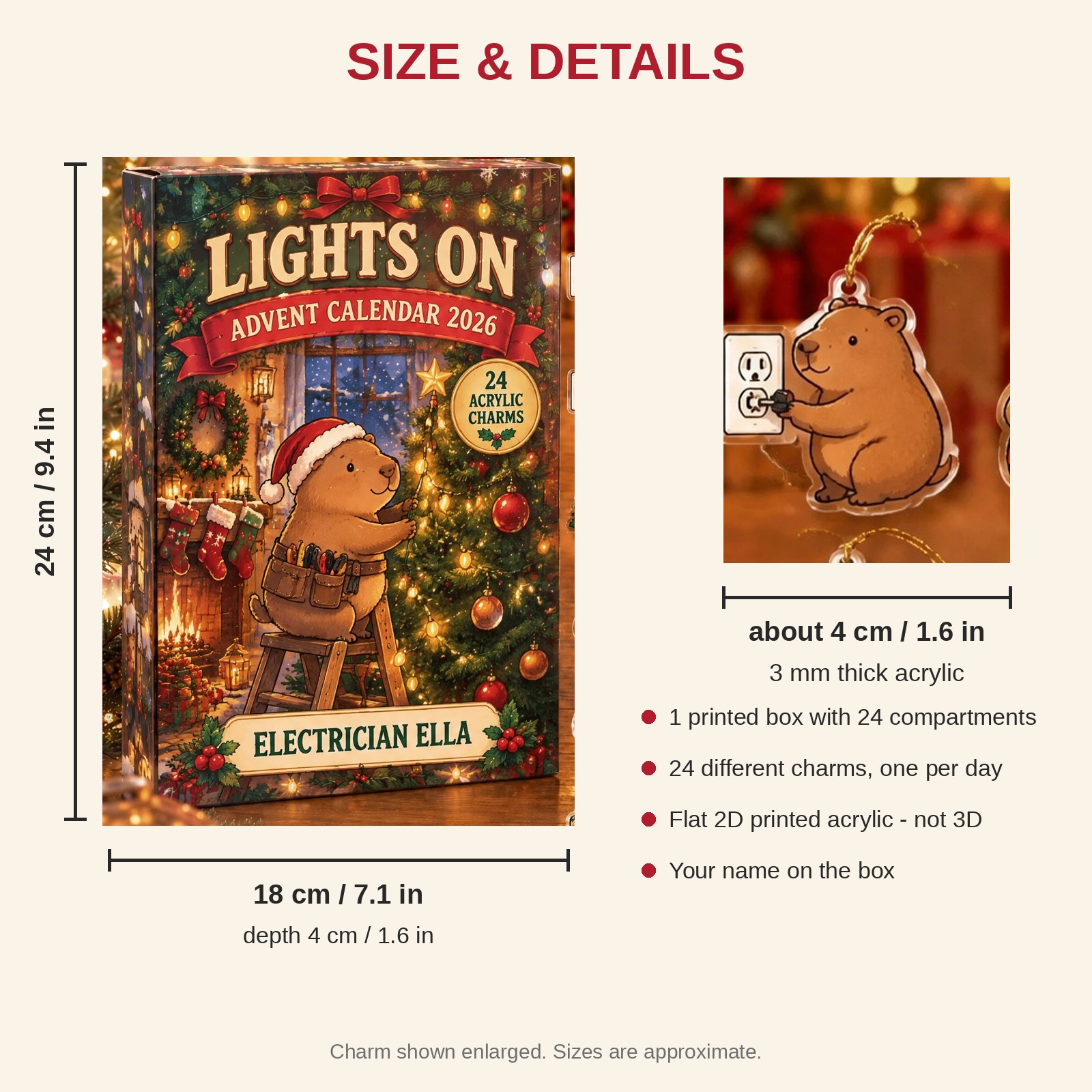 Personalized Electrician Capybara advent calendar box with 24 flat acrylic Christmas charms: box and charm sizes