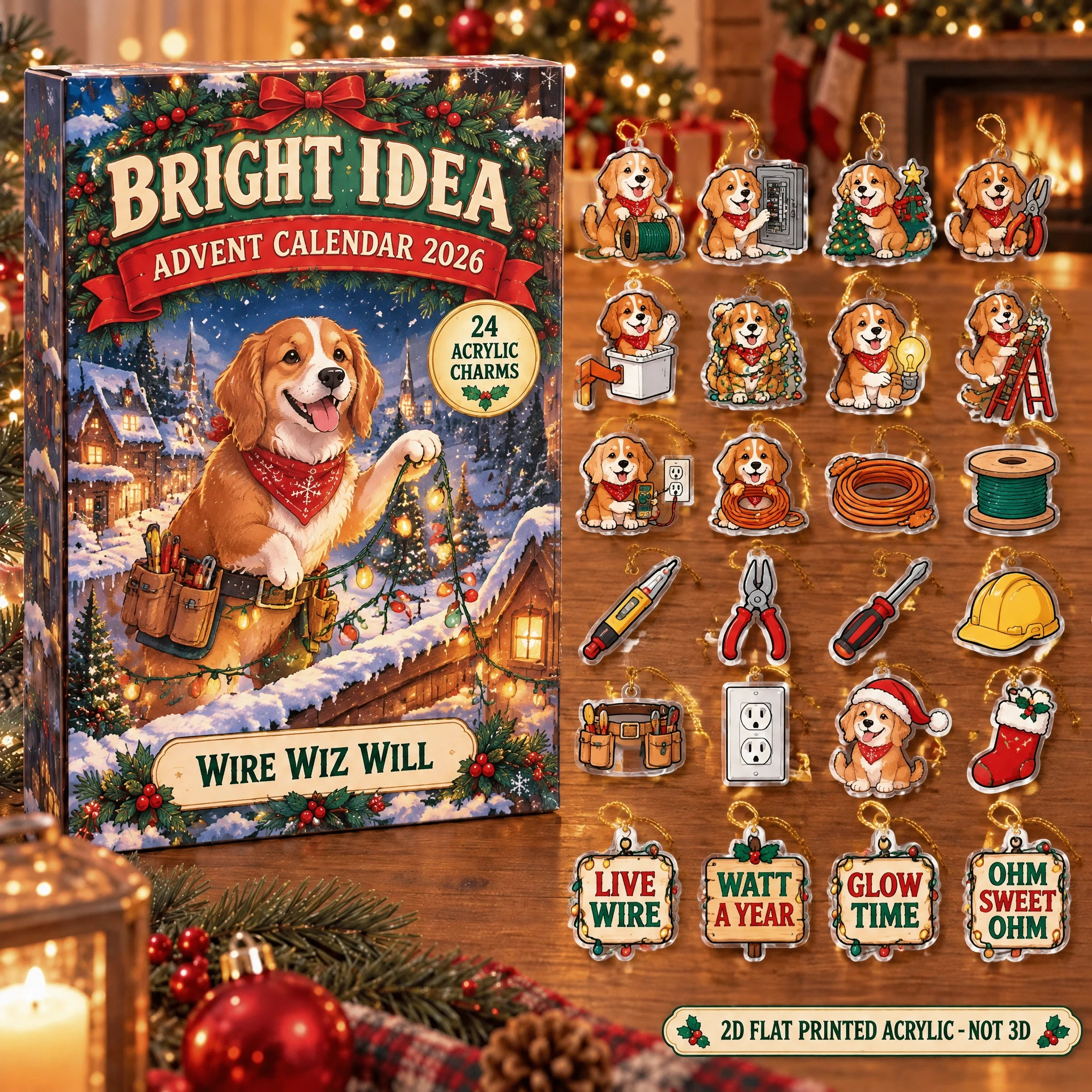 Personalized Electrician Dog advent calendar box with 24 flat acrylic Christmas charms