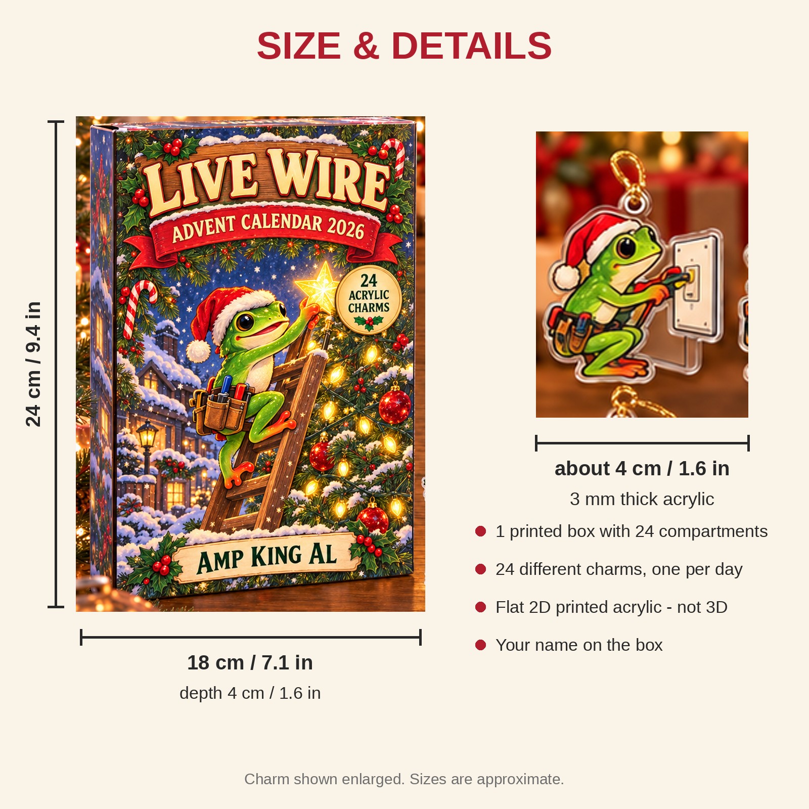 Personalized Electrician Frog advent calendar box with 24 flat acrylic Christmas charms: box and charm sizes