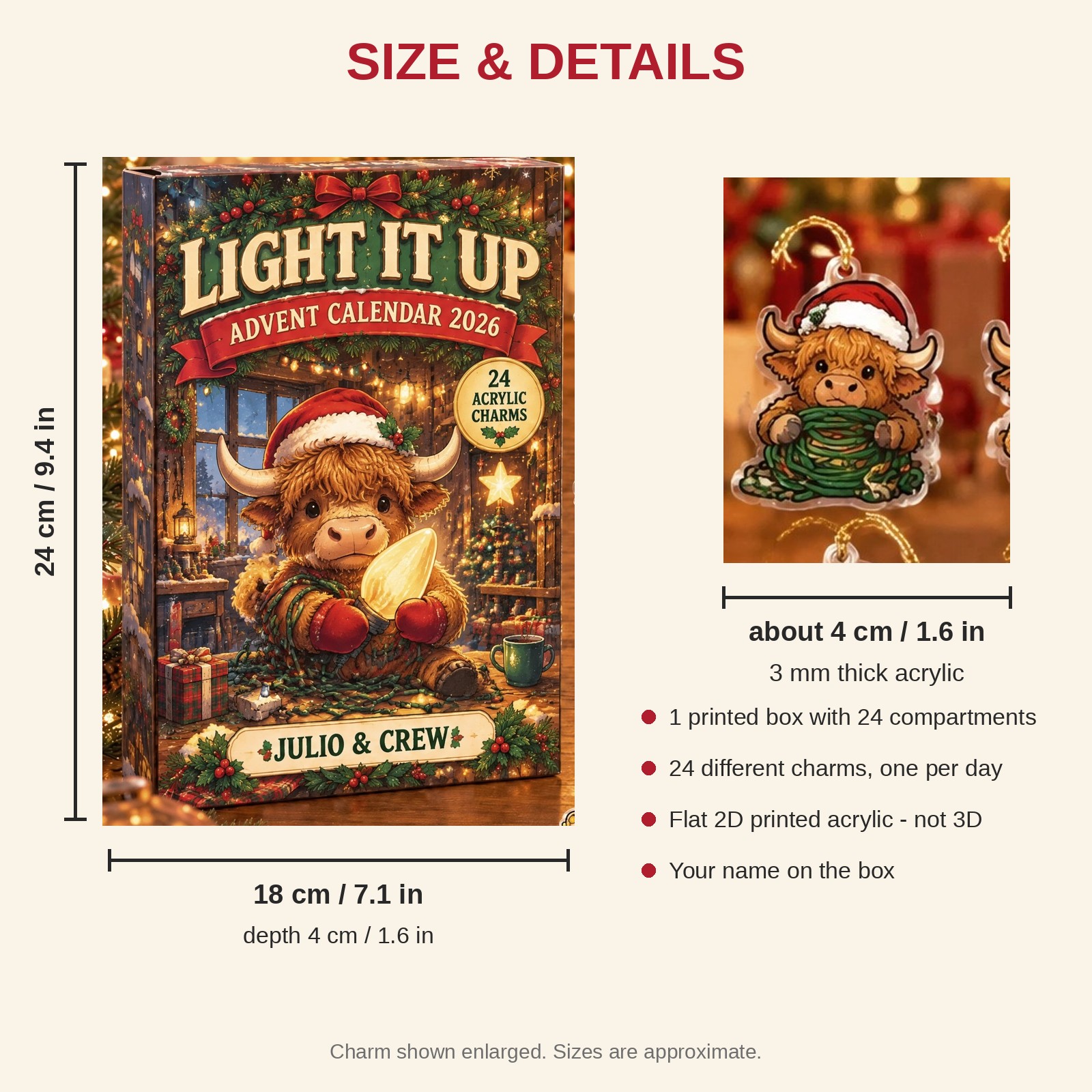 Personalized Electrician Highland Cow advent calendar box with 24 flat acrylic Christmas charms: box and charm sizes