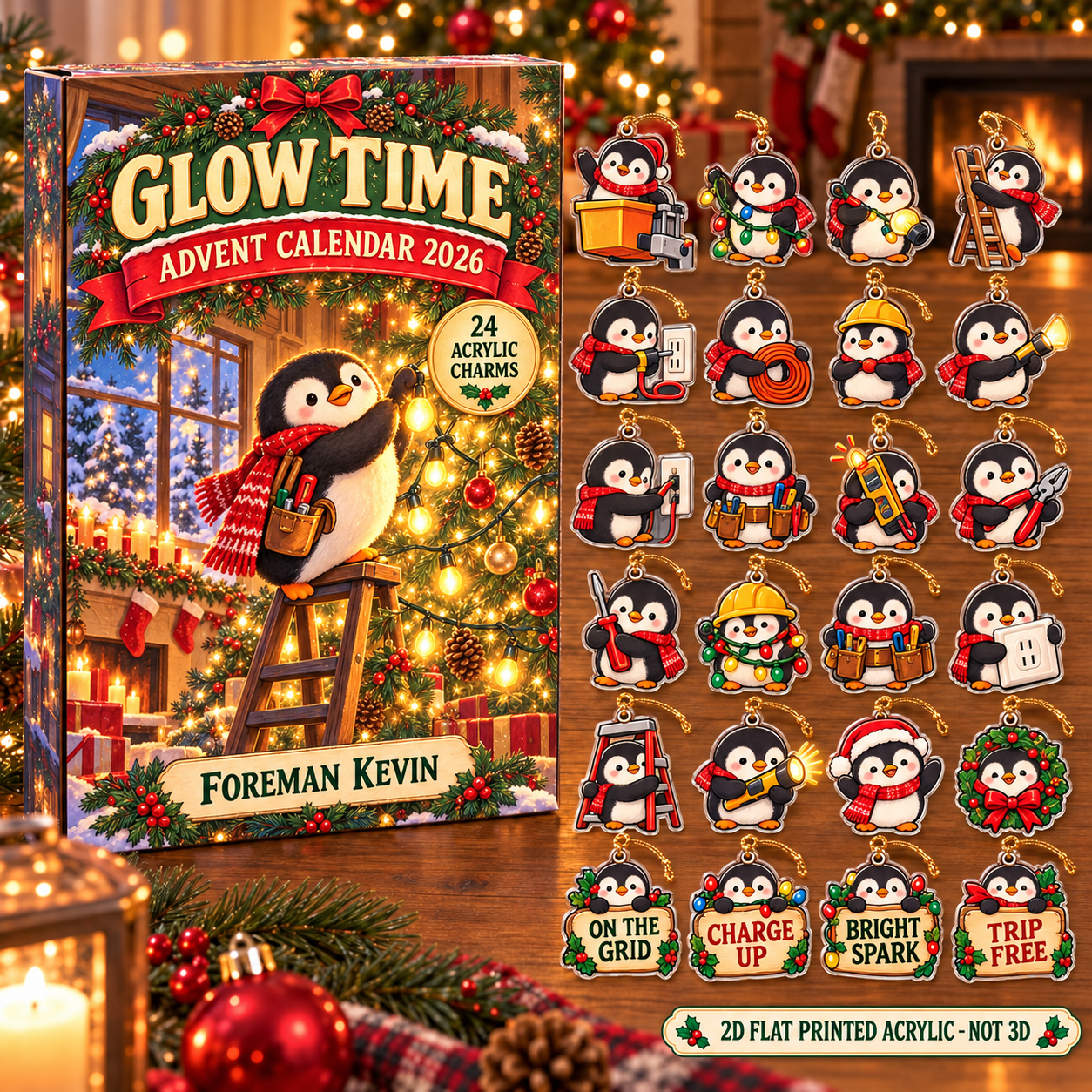 Personalized Electrician Penguin advent calendar box with 24 flat acrylic Christmas charms