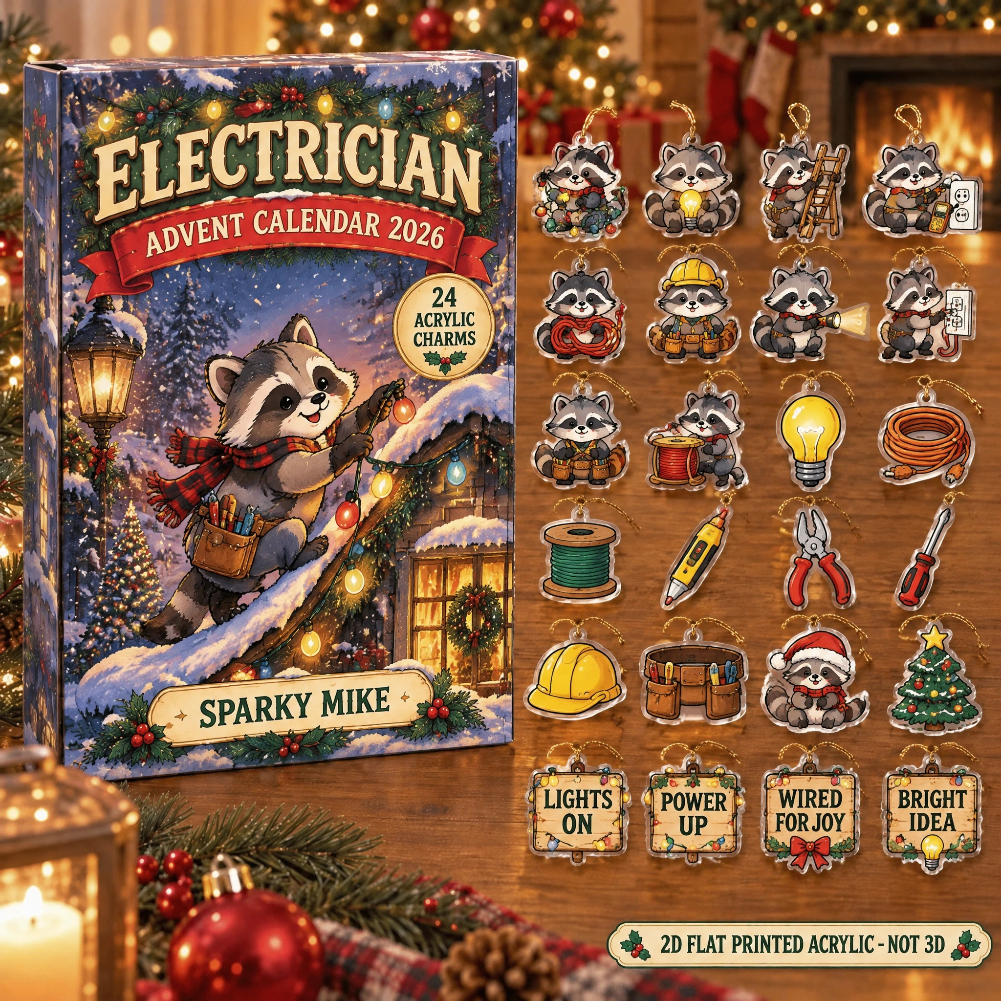 Personalized Electrician Raccoon advent calendar box with 24 flat acrylic Christmas charms