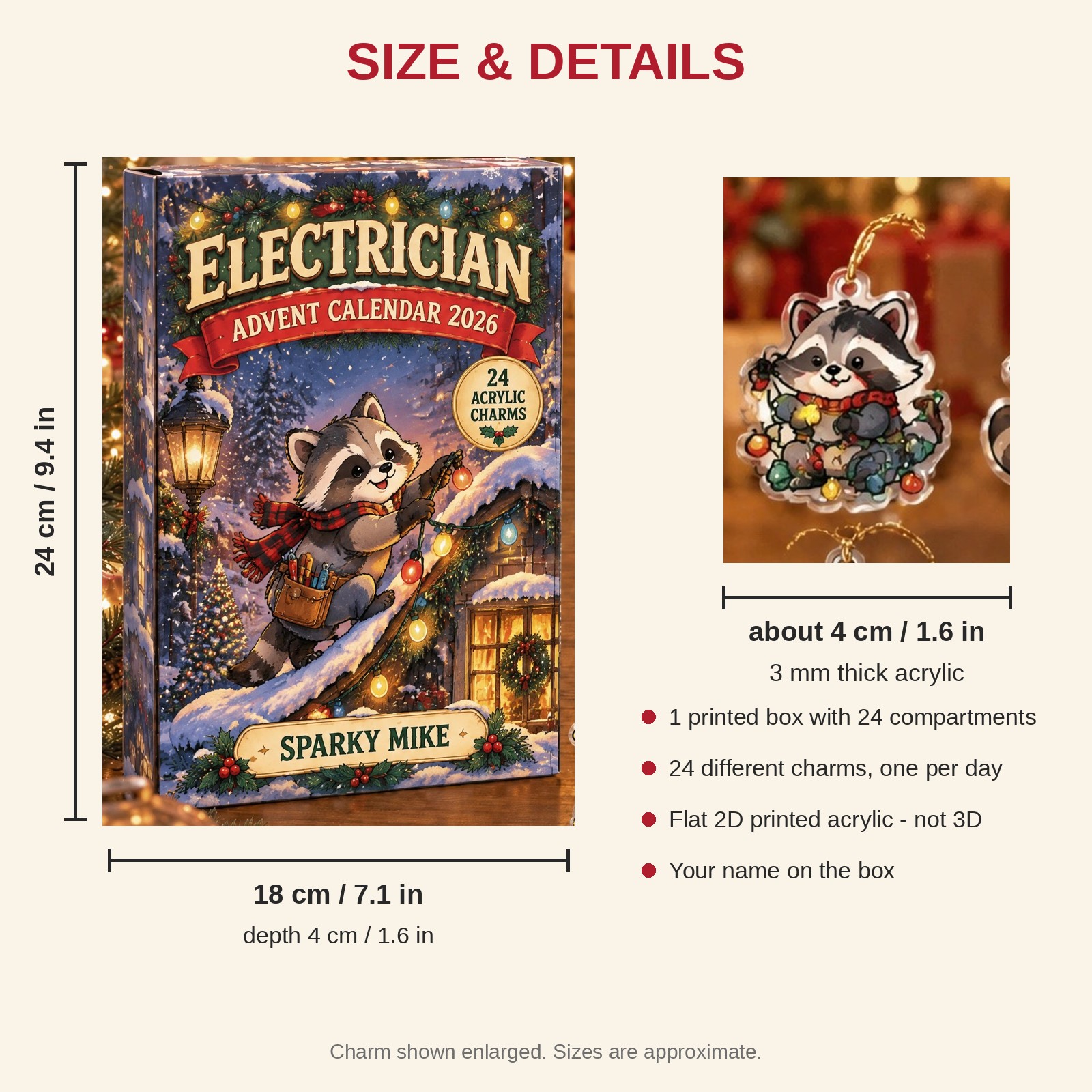Personalized Electrician Raccoon advent calendar box with 24 flat acrylic Christmas charms: box and charm sizes