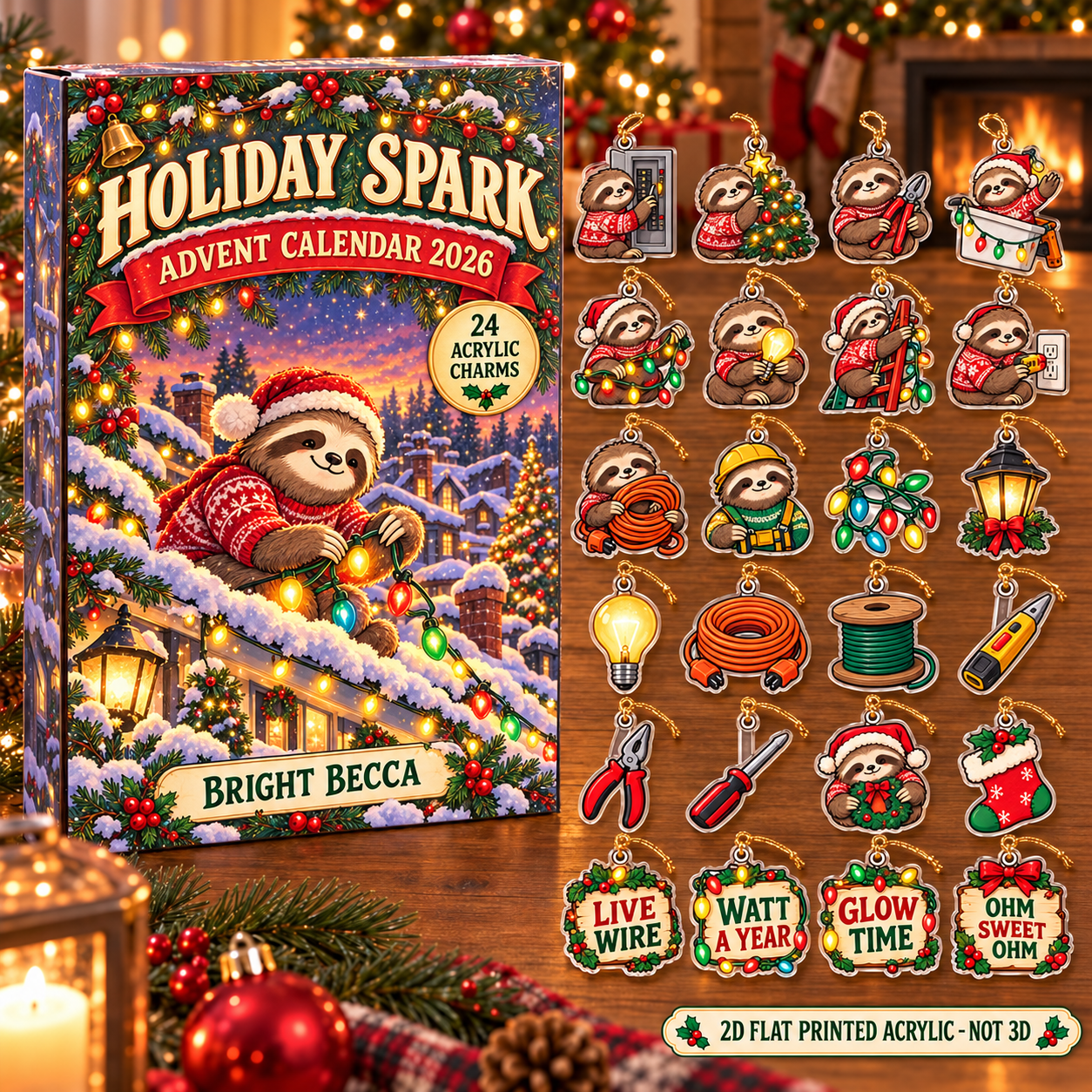 Personalized Electrician Sloth advent calendar box with 24 flat acrylic Christmas charms