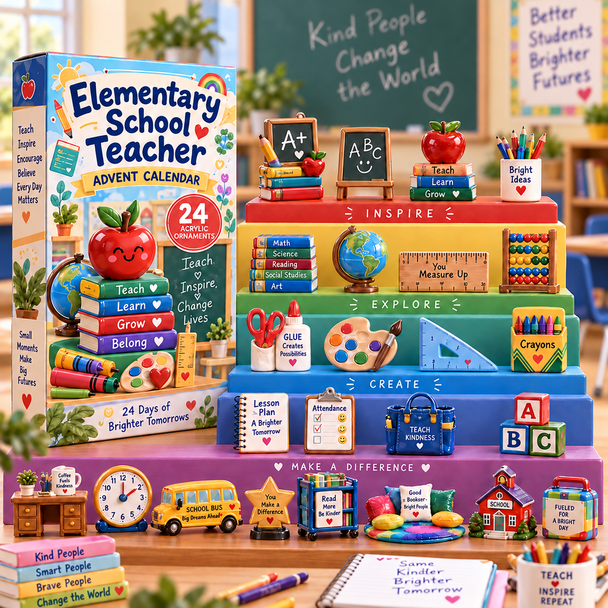Elementary School Teacher advent calendar box with 24 acrylic Christmas charms