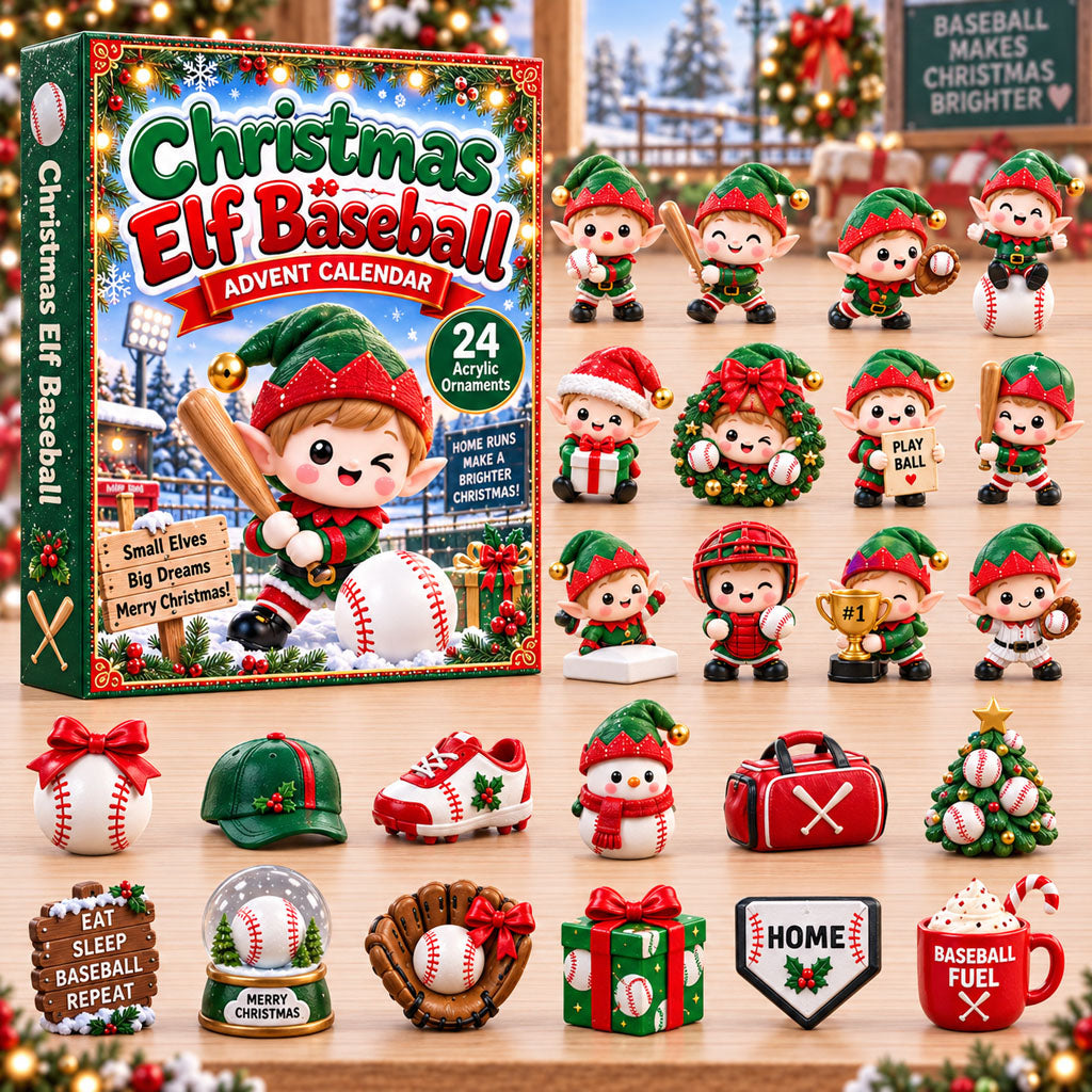 Elf Baseball advent calendar box with 24 acrylic Christmas charms