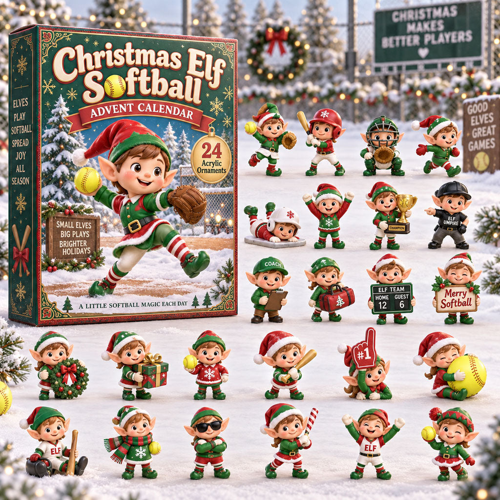 Elf Softball advent calendar box with 24 acrylic Christmas charms