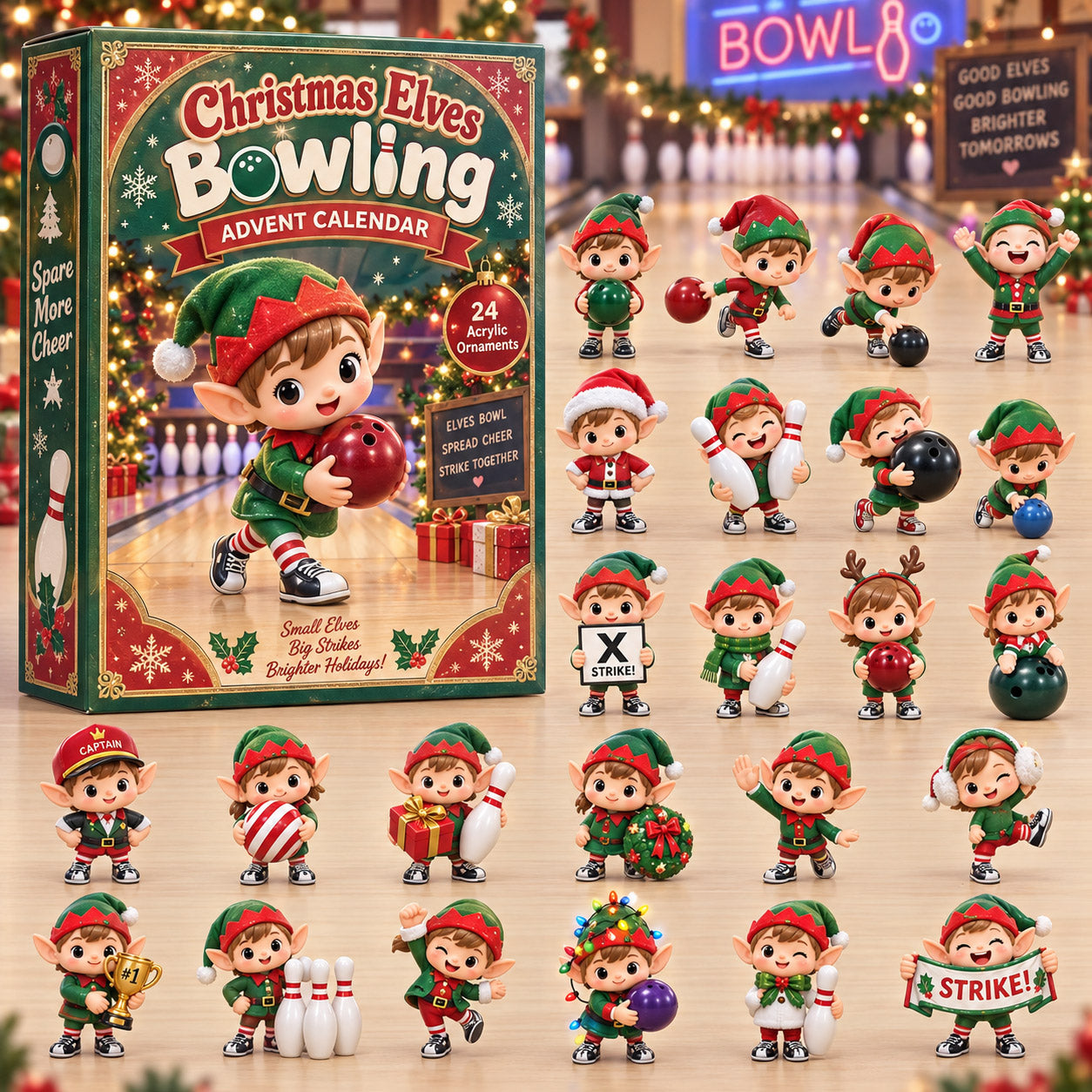Elves Bowling advent calendar box with 24 acrylic Christmas charms