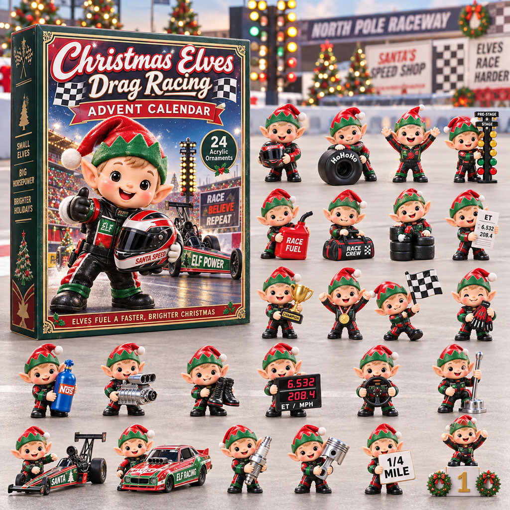 Elves Drag Racing advent calendar box with 24 acrylic Christmas charms