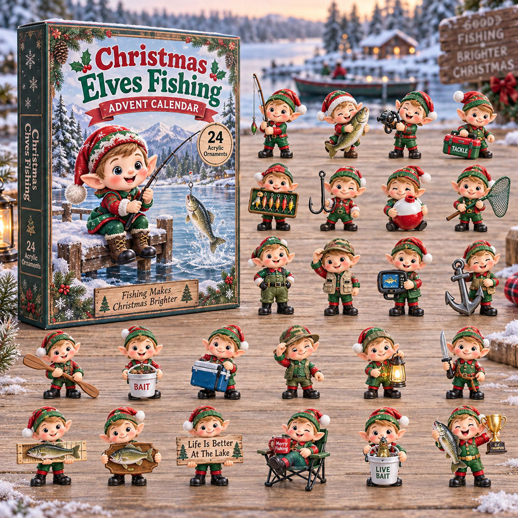Elves Fishing advent calendar box with 24 acrylic Christmas charms