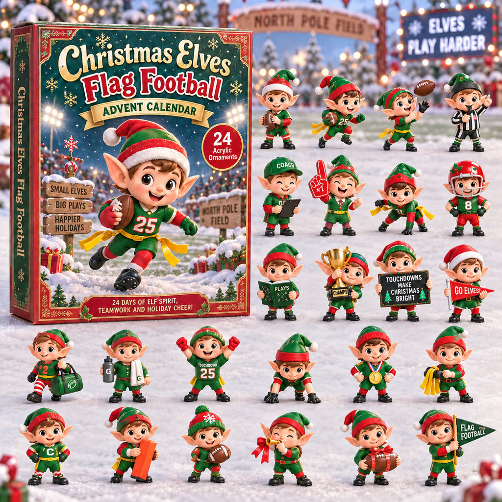Elves Flag Football advent calendar box with 24 acrylic Christmas charms